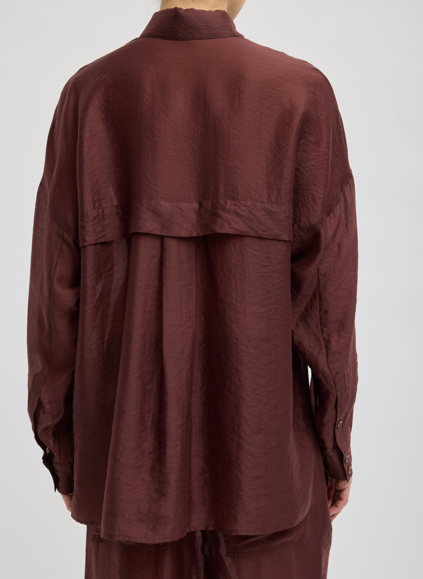 Russet Brown Summer Voile Oversized Shirt - burgundy button down, back view on model