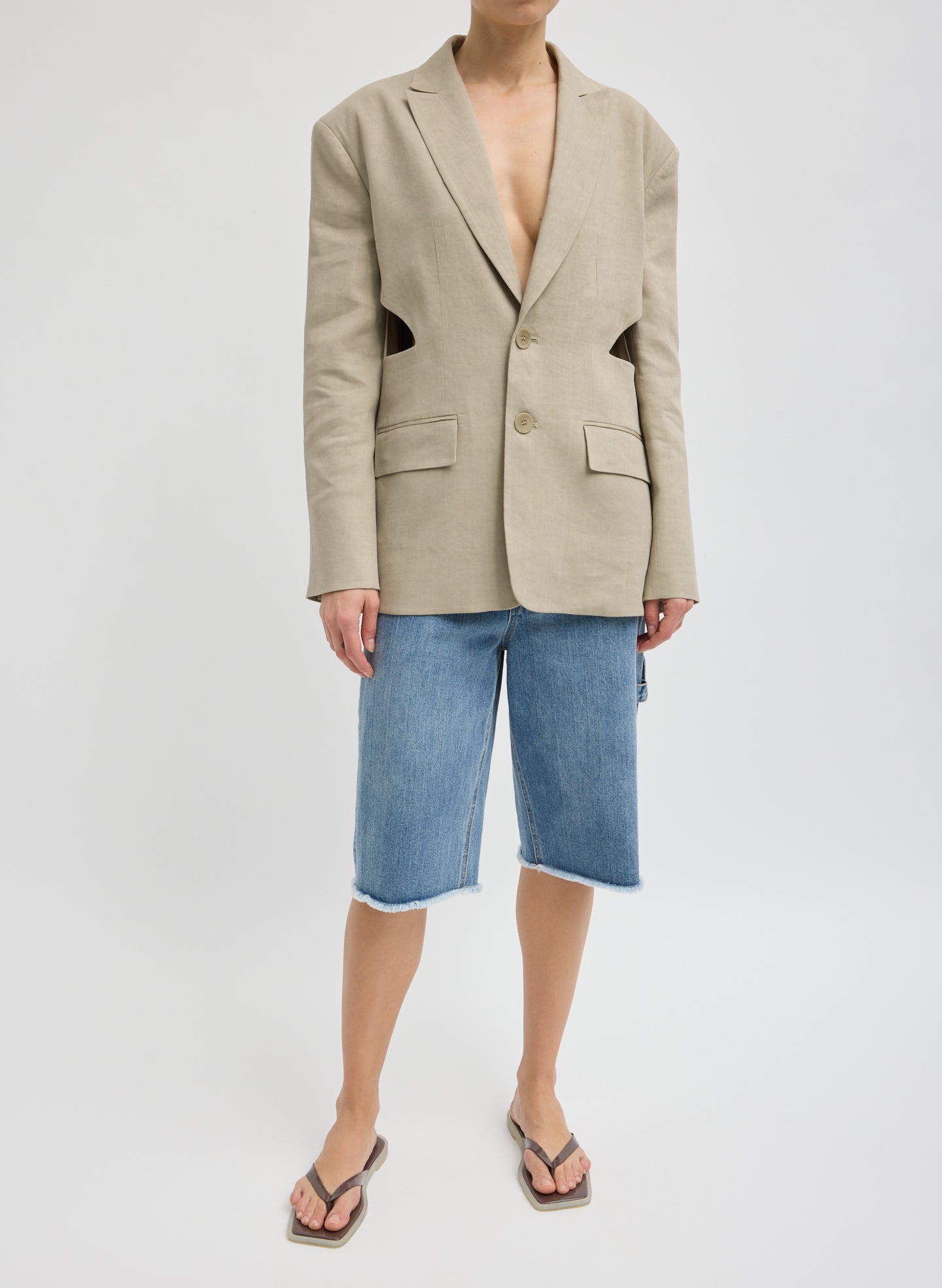 Stretch Linen Viscose Side Cut Blazer - Sandstone Stretch Linen Viscose Side Cut Blazer - full look, front view on model