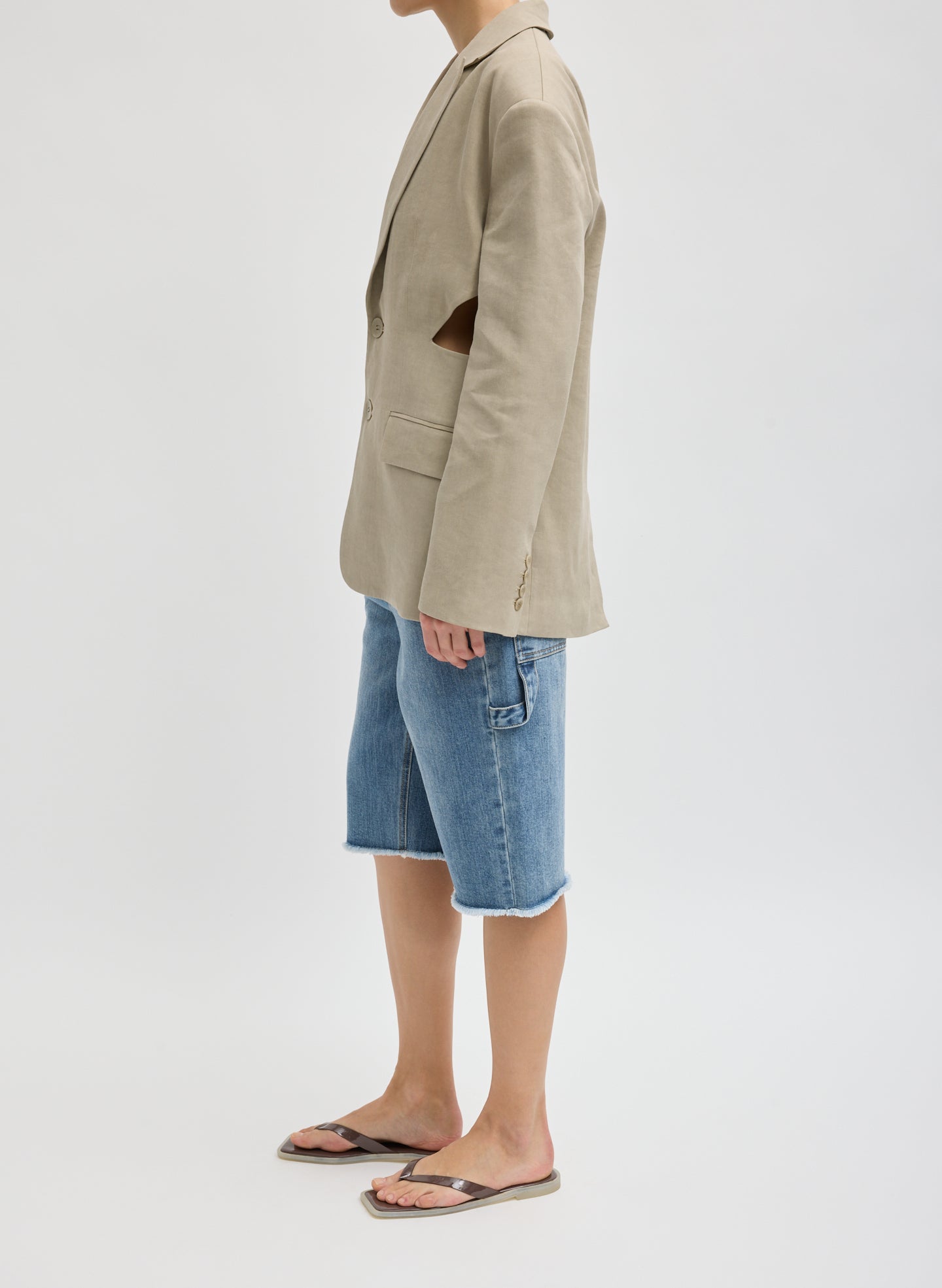 Sandstone Stretch Linen Viscose Side Cut Blazer - full look, side view on model