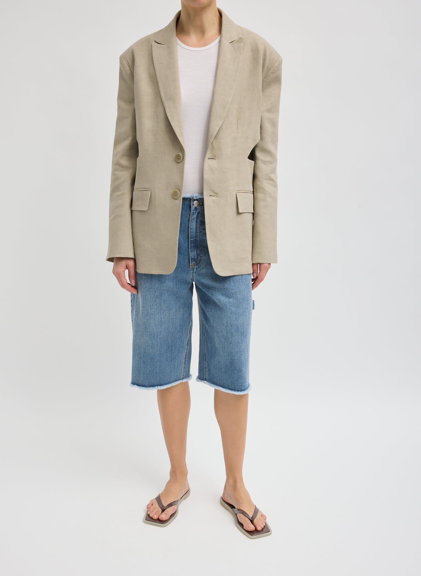Sandstone Stretch Linen Viscose Side Cut Blazer - full look, front view on model