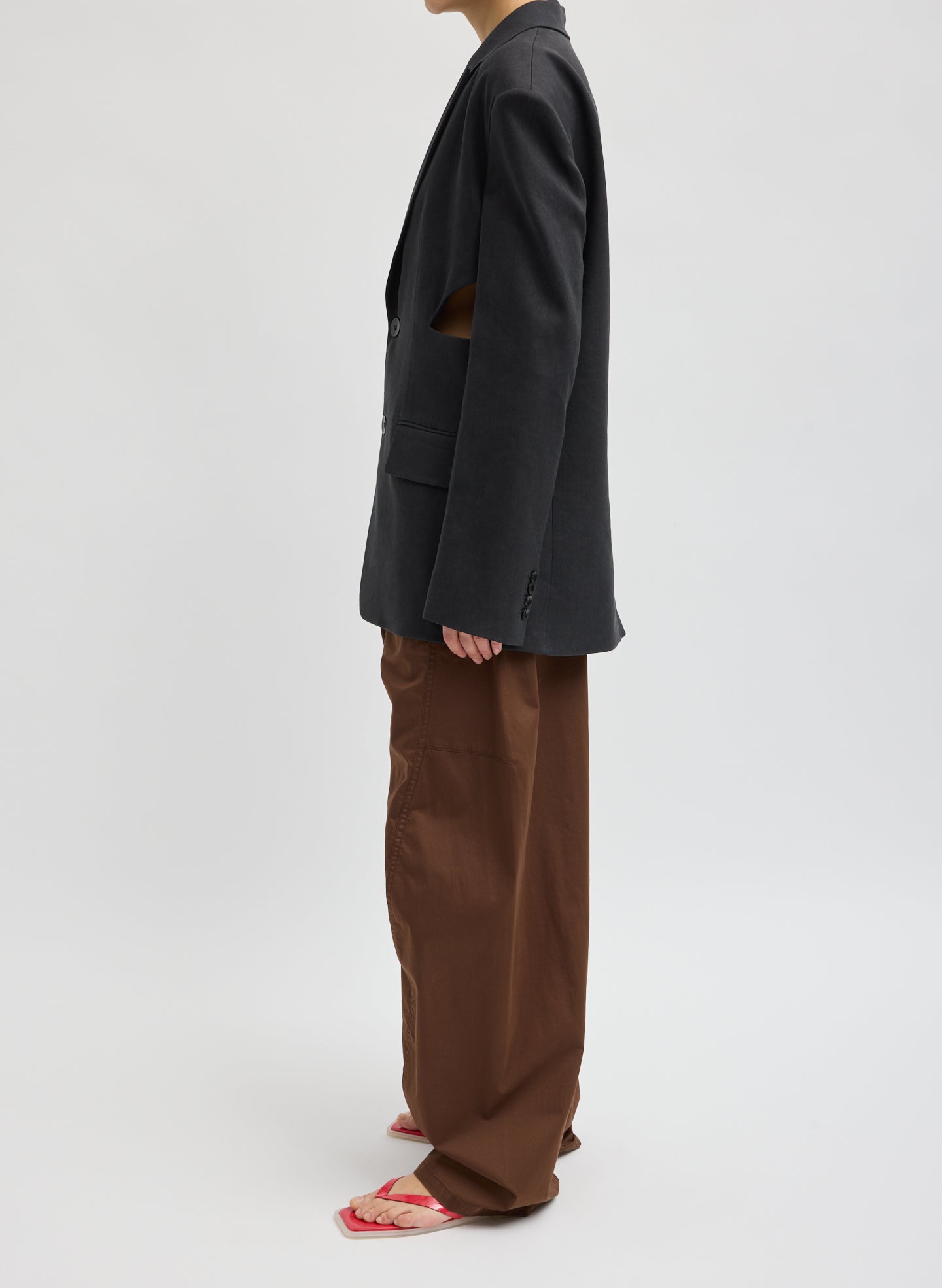 Black Stretch Linen Viscose Side Cut Blazer - full look, side view on model