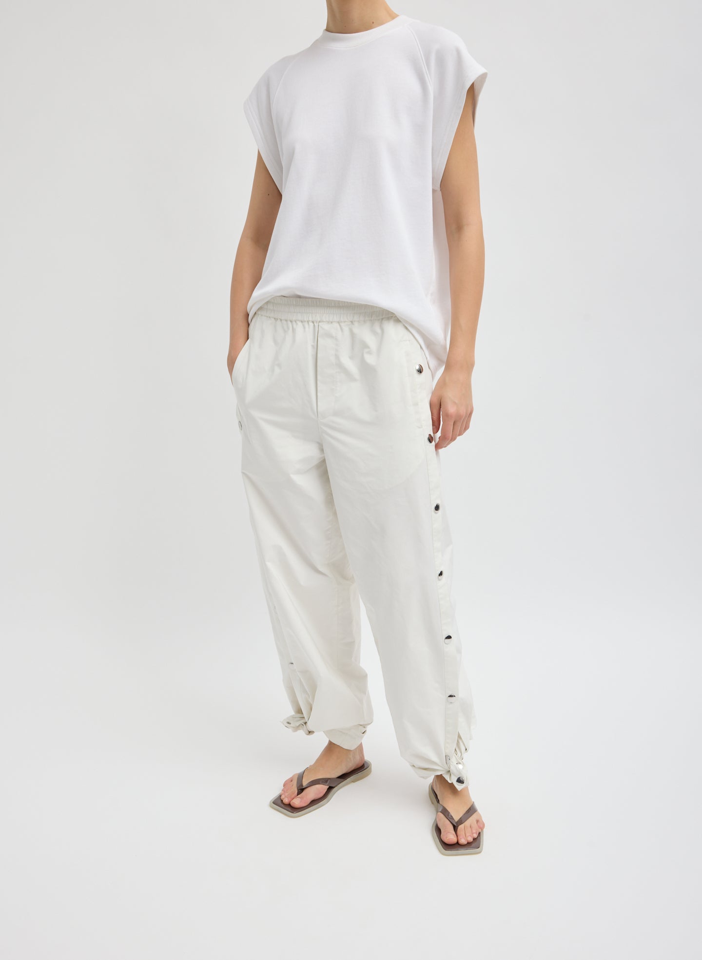 White Nylon Snap Jogger - full look, front view on model