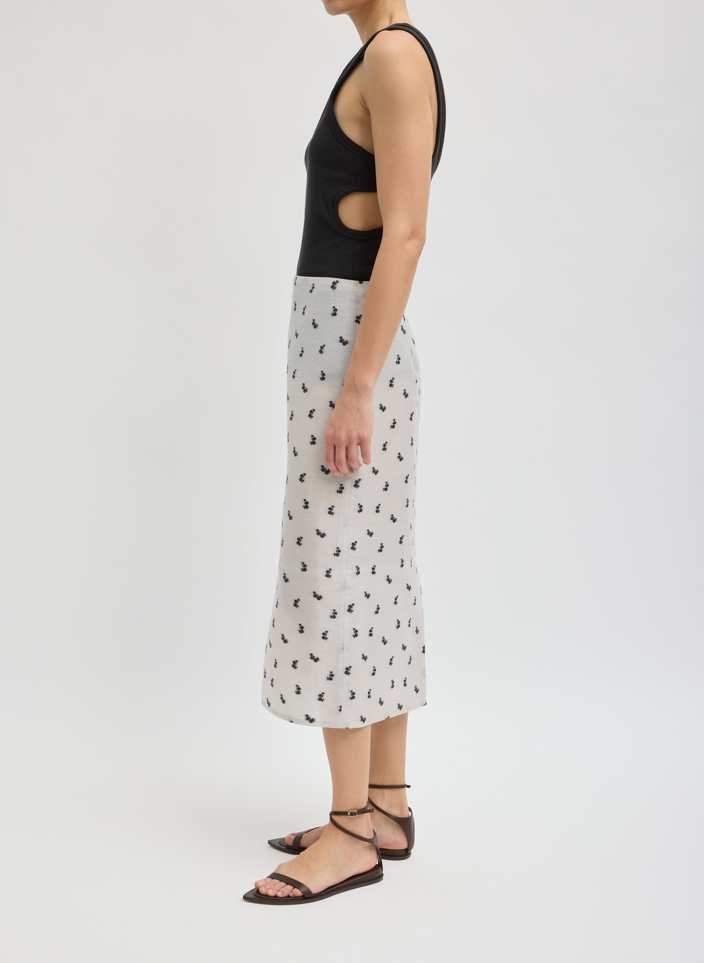 Ivory Silk Gazar Jacquard Pencil Skirt - printed midi skirt, side view on model