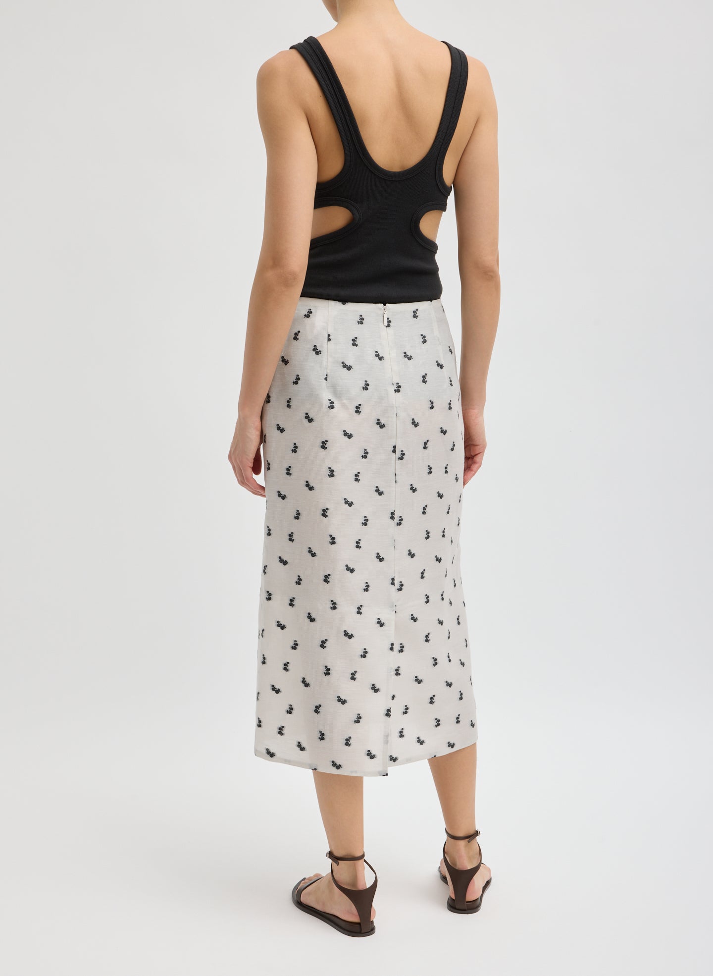 Ivory Silk Gazar Jacquard Pencil Skirt - printed midi skirt, front view on model