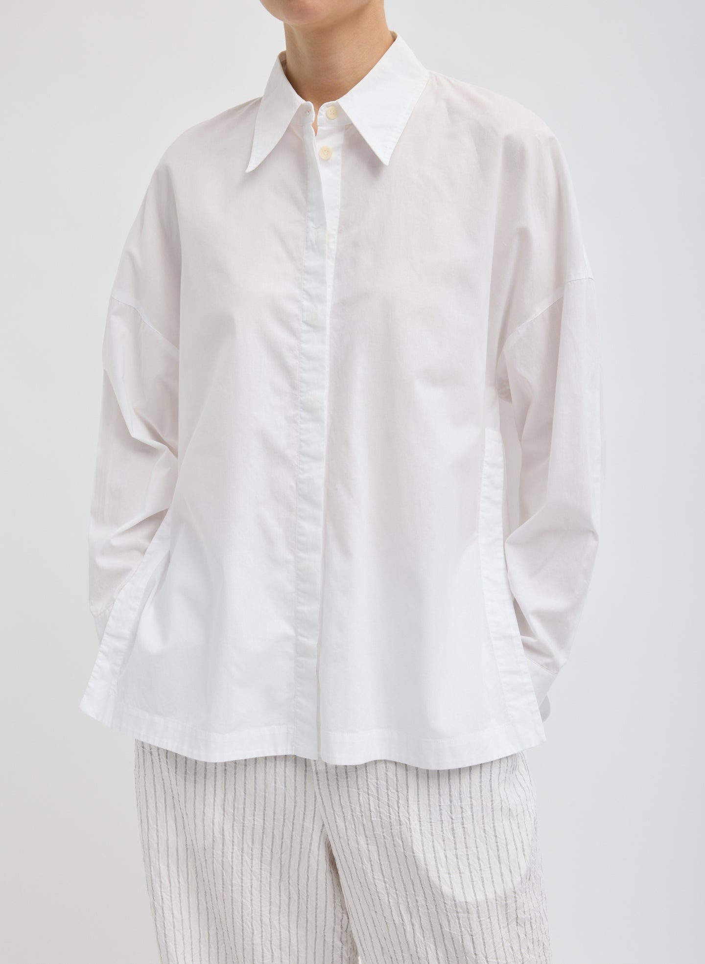 Gabe Oversized Shirt - White Gabe Oversized Shirt - oversized button down, front view on model