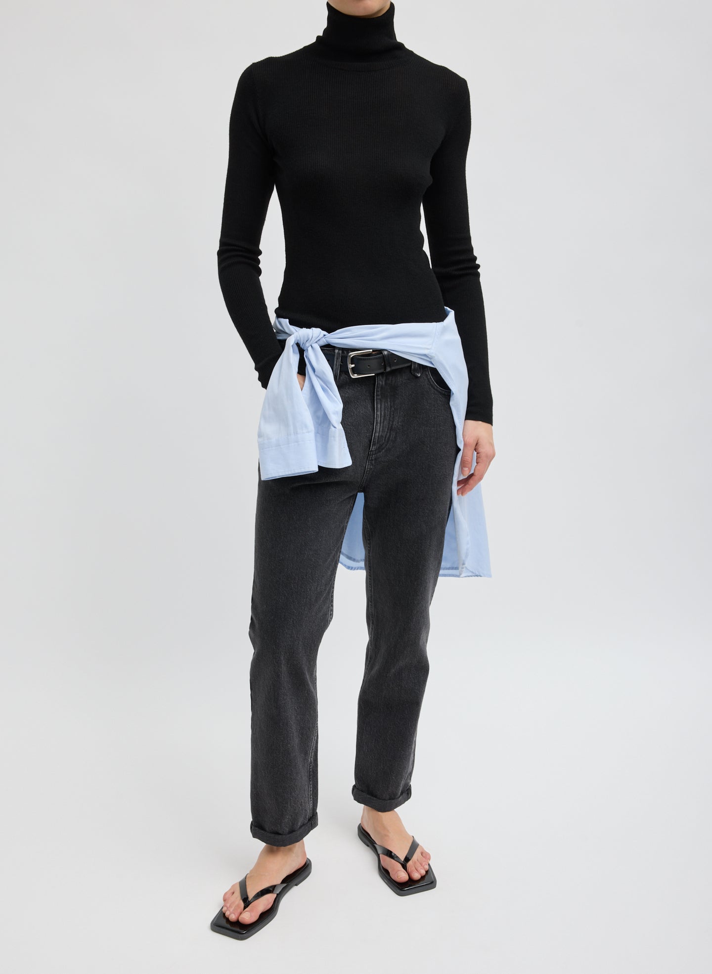 Black Featherweight Ribbed Sweater Turtleneck Pullover - full look, front view on model