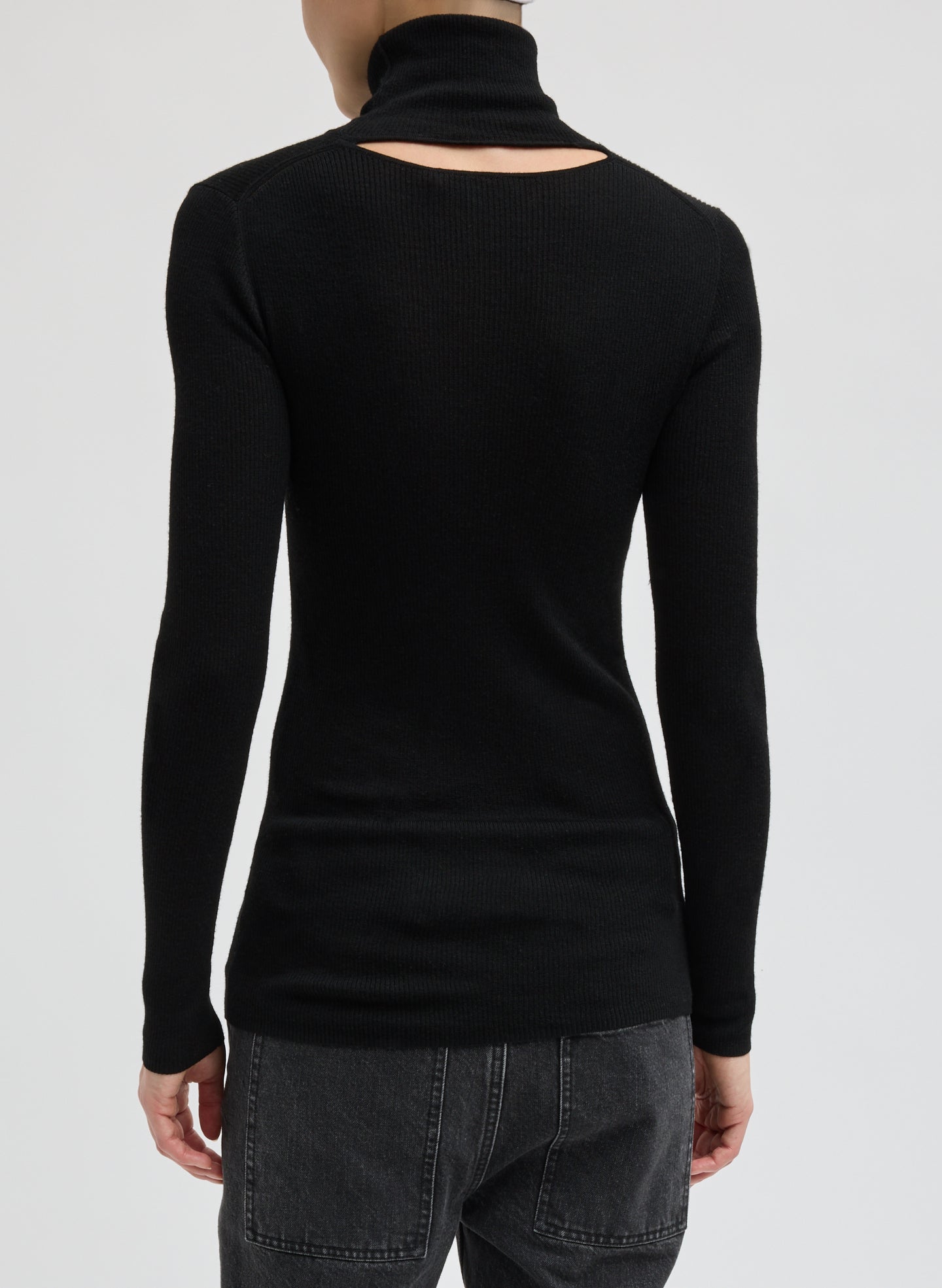 Black Featherweight Ribbed Sweater Turtleneck Pullover - back view on model