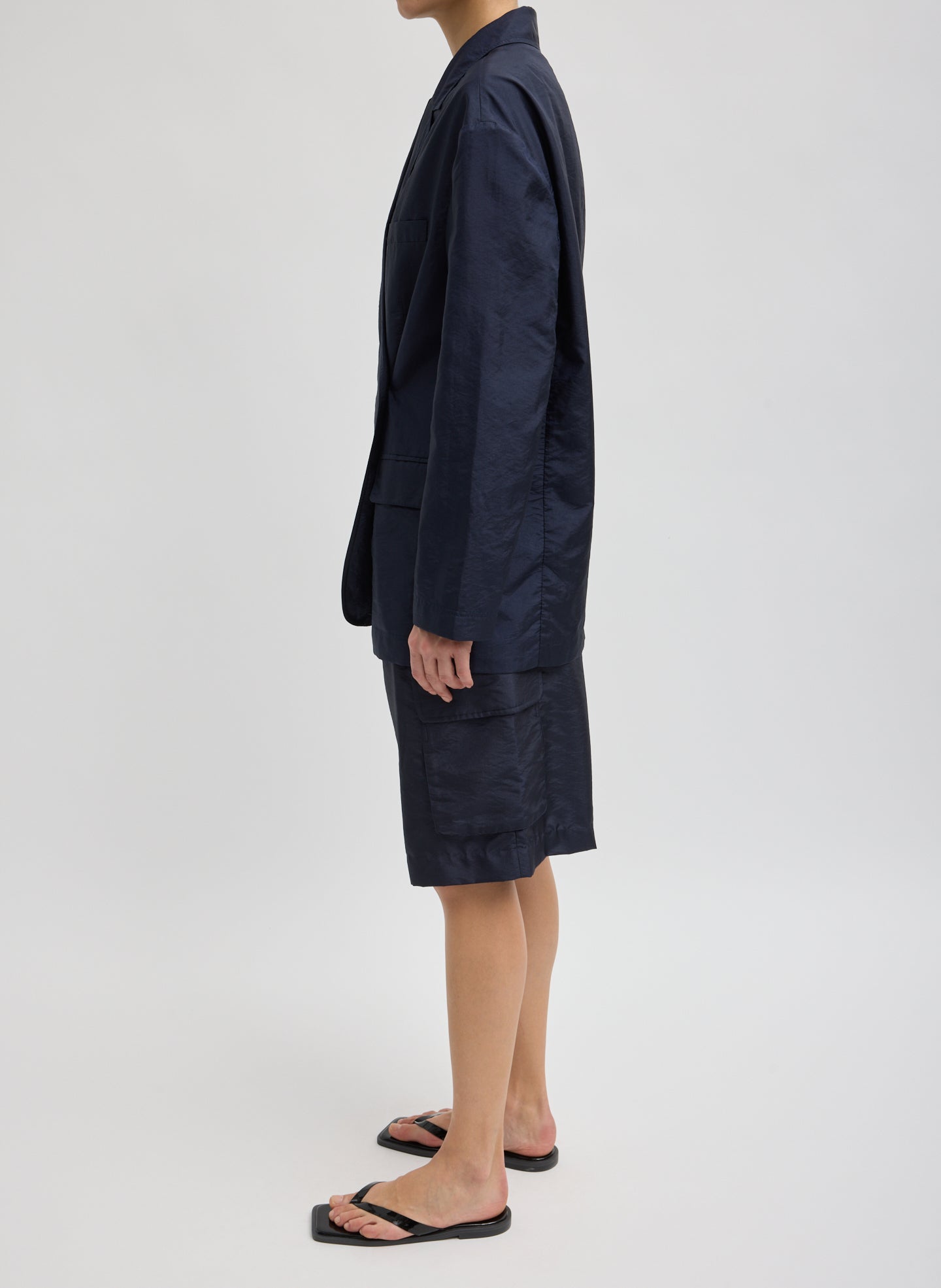 Navy Crispy Nylon Liam Blazer - oversized blazer, side view on model