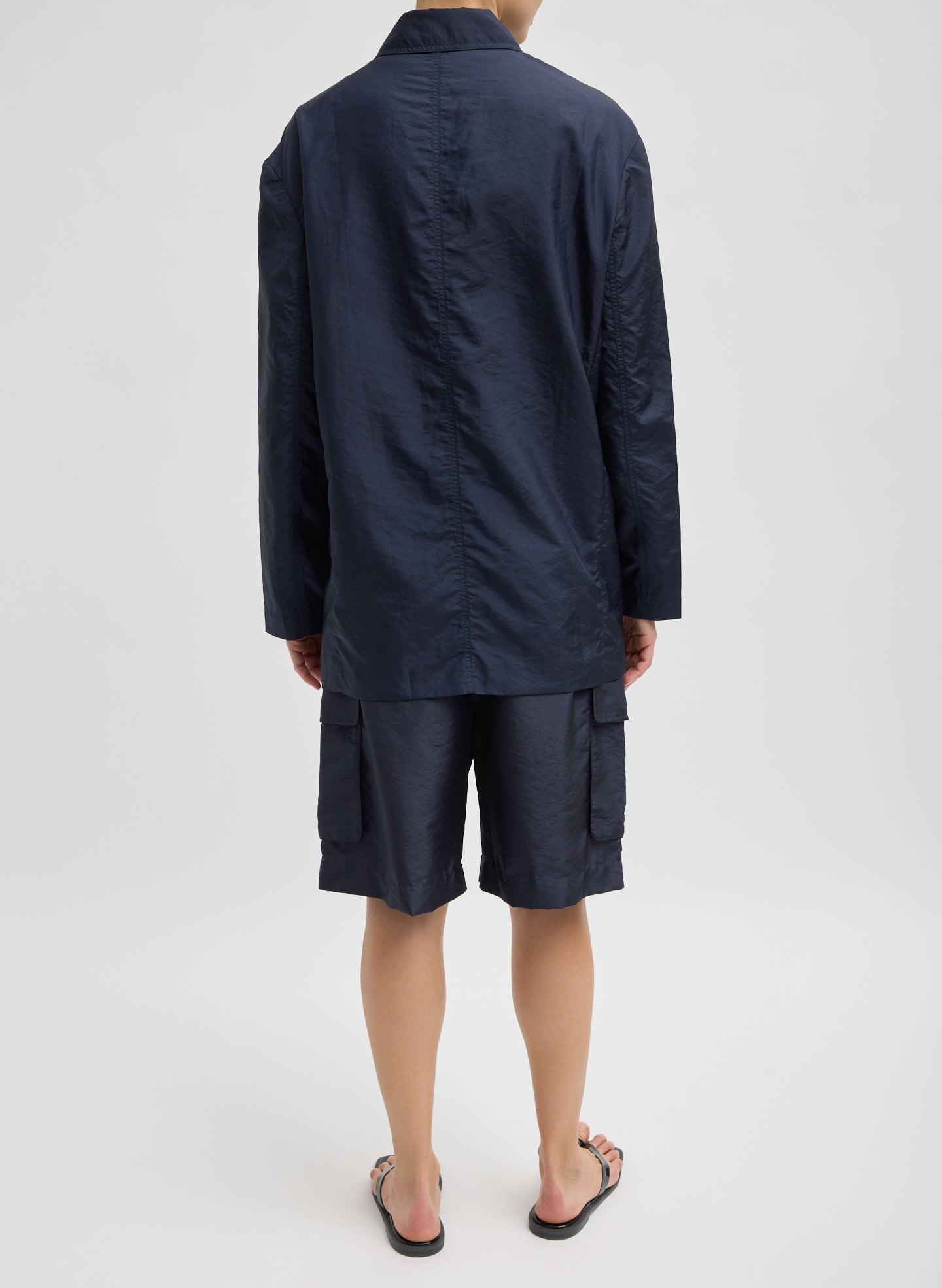 Navy Crispy Nylon Liam Blazer - oversized blazer, back view on model