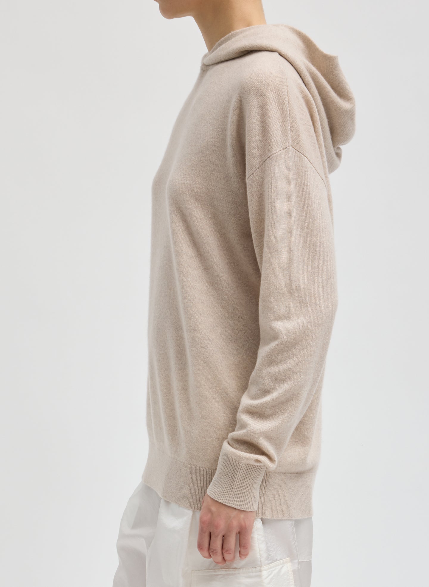Oatmeal Melange Washable Cashmere Easy Men's Hoodie - side view on model
