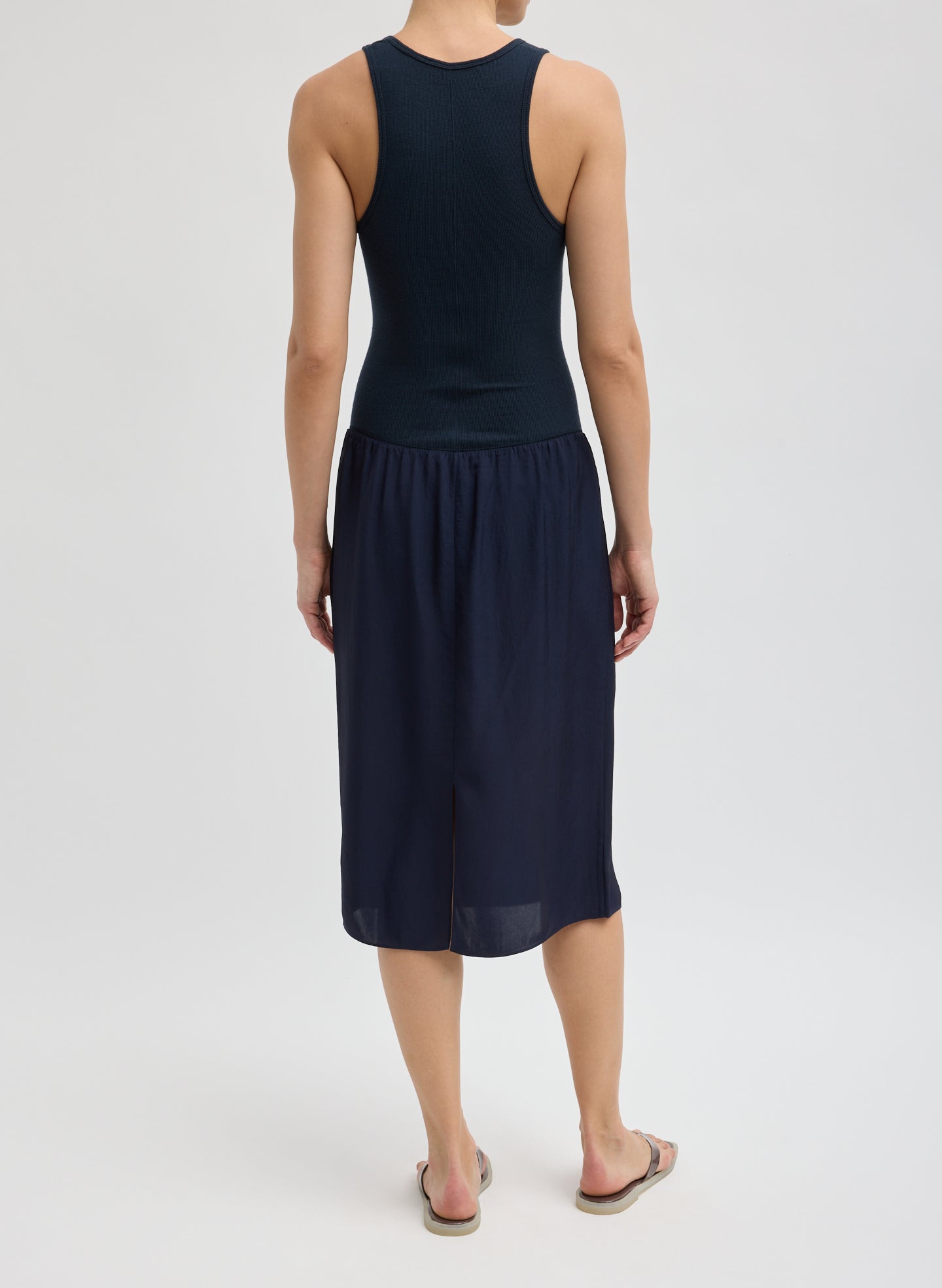 Navy Circular Fine Rib T-Shirt Tank - ribbed tank top, back view on model