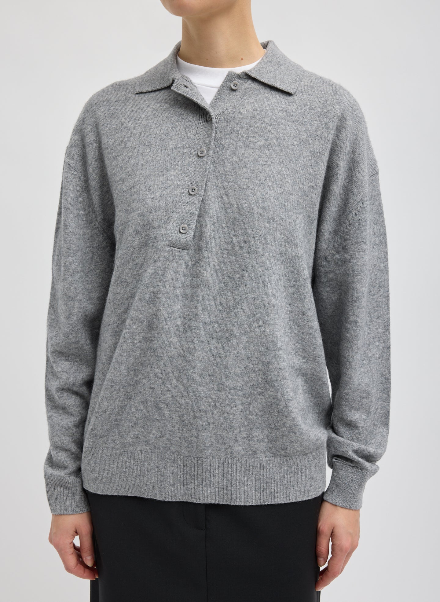 Washable Cashmere Easy Polo Sweater - Heather Grey Washable Cashmere Easy Polo Sweater - front view on model