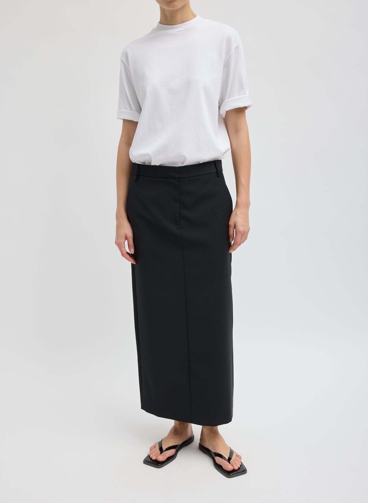 Tropical Wool Maxi Trouser Skirt - Black Tropical Wool Maxi Trouser Skirt - front view on model