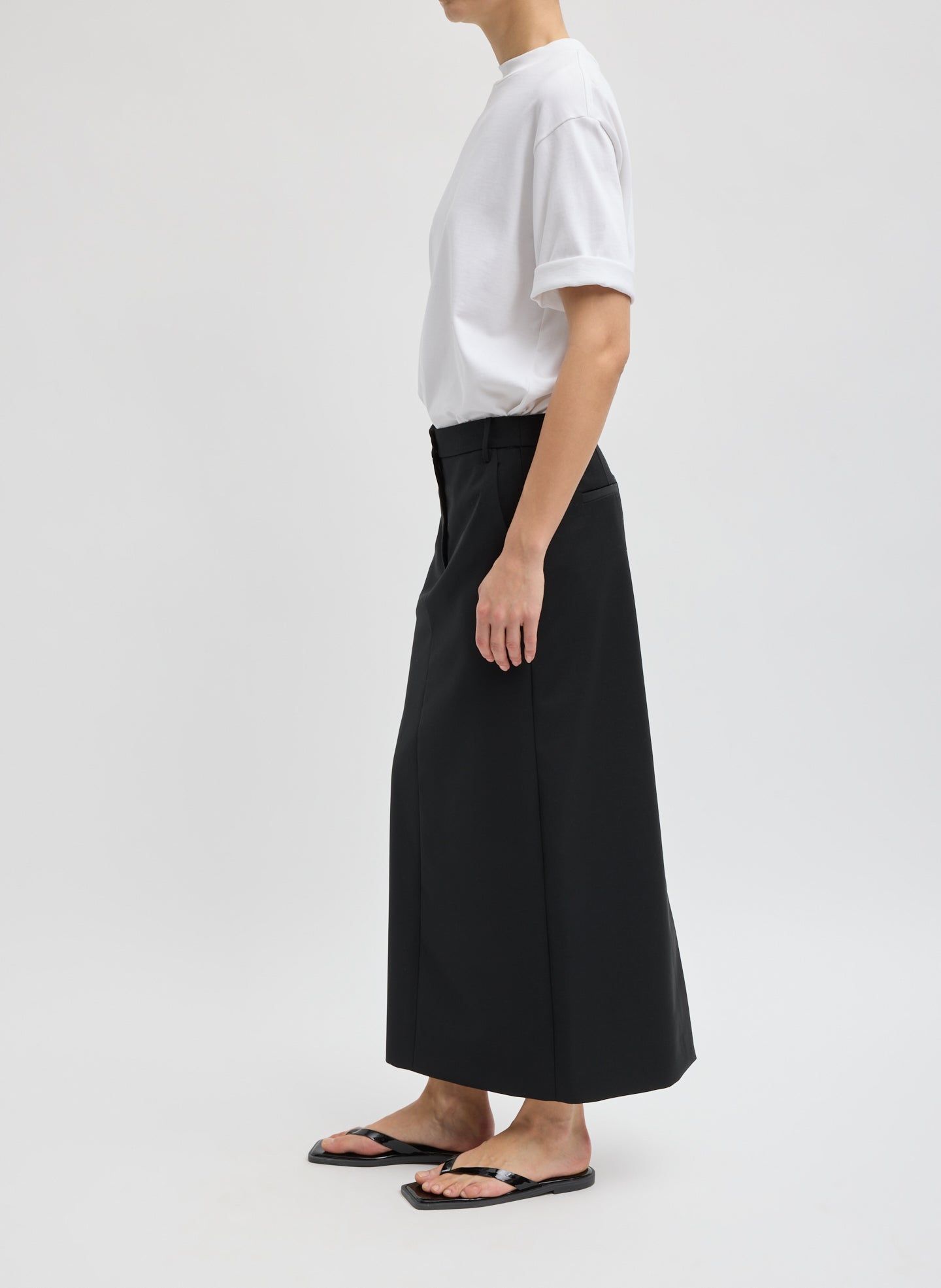Black Tropical Wool Maxi Trouser Skirt - side view on model