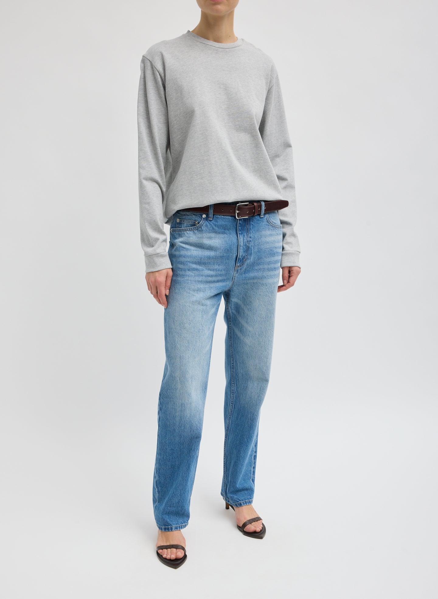 Heather Grey Perfect Unisex Long Sleeve T-Shirt - full look, front view on model