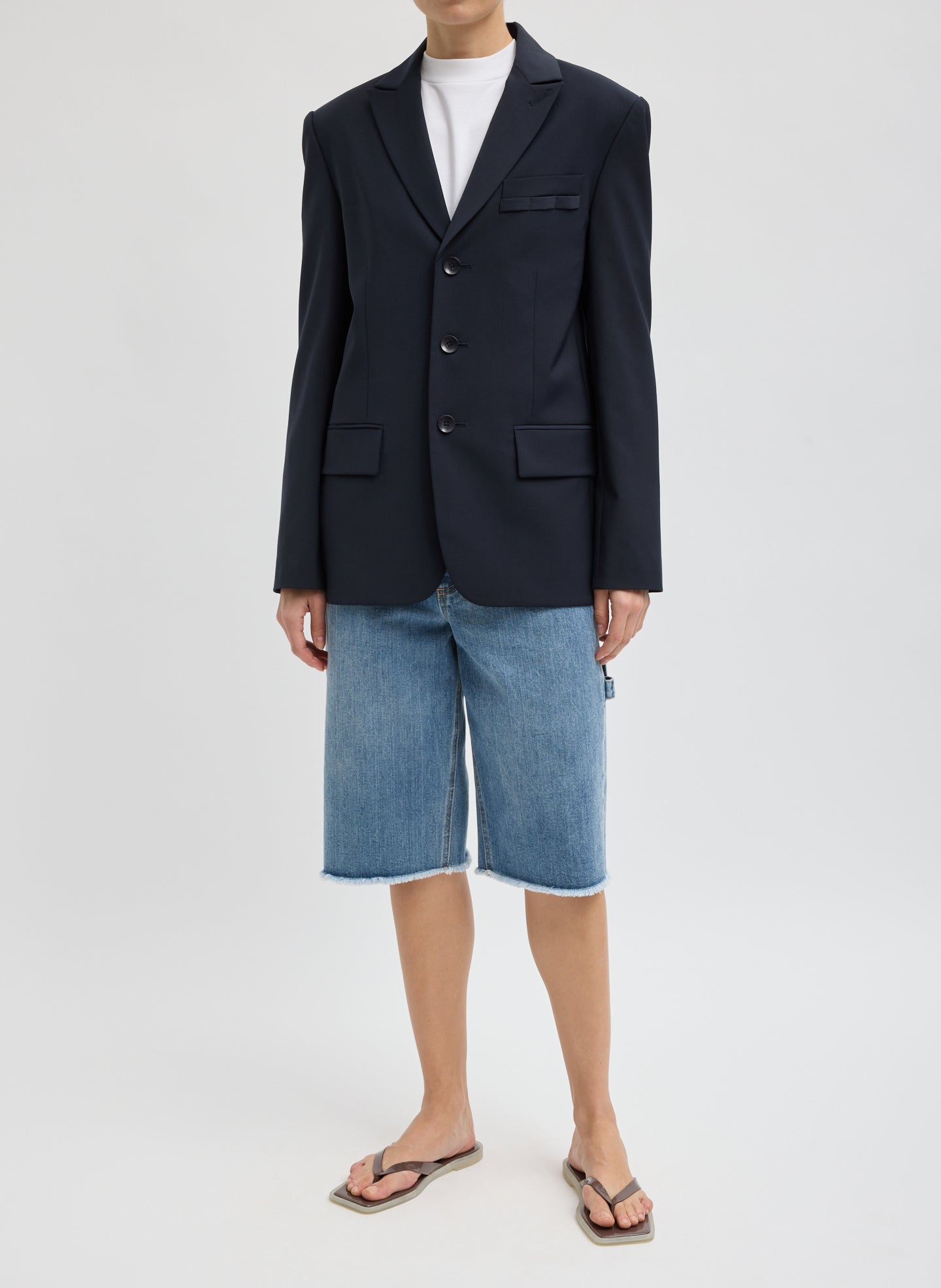 Tropical Wool Dennis Cutout Blazer - Navy Tropical Wool Dennis Cutout Blazer - full look, front view on model