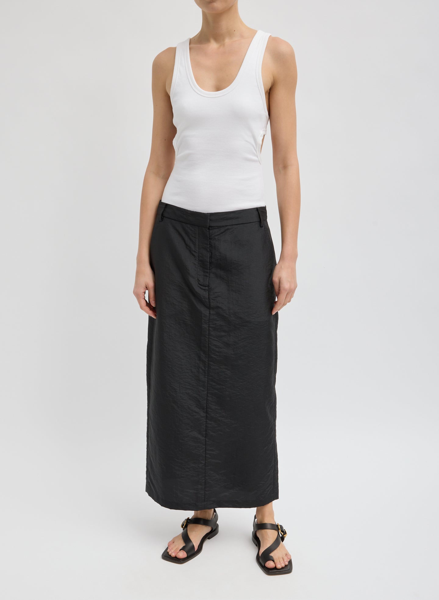 Crispy Nylon Maxi Skirt - Black Crispy Nylon Maxi Skirt - trouser skirt, front view on model