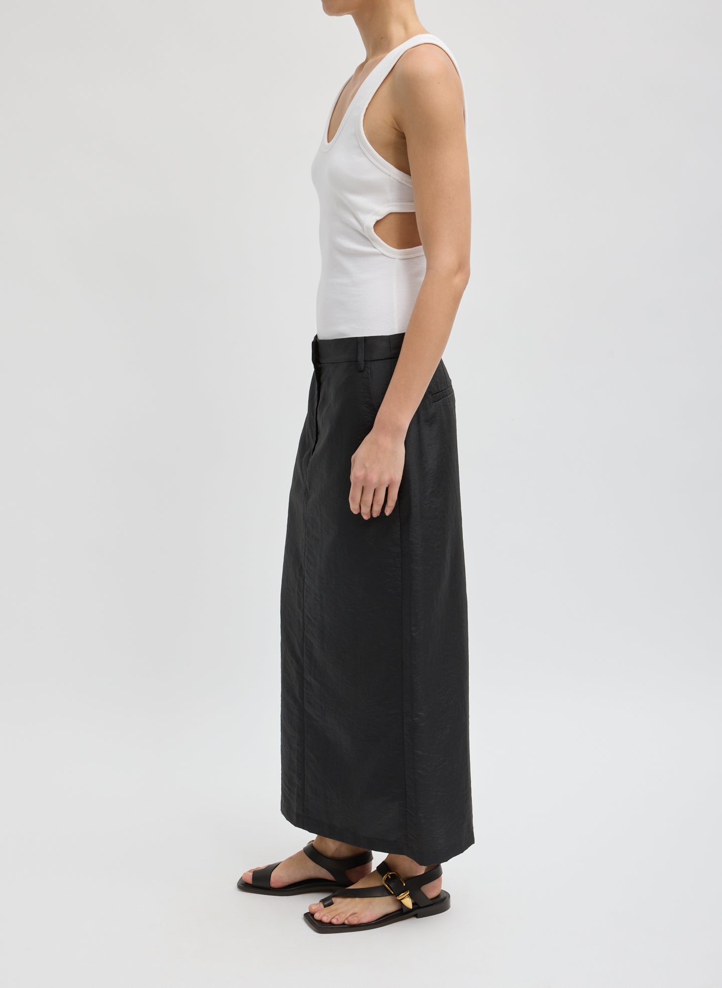 Black Crispy Nylon Maxi Skirt - trouser skirt, side view on model