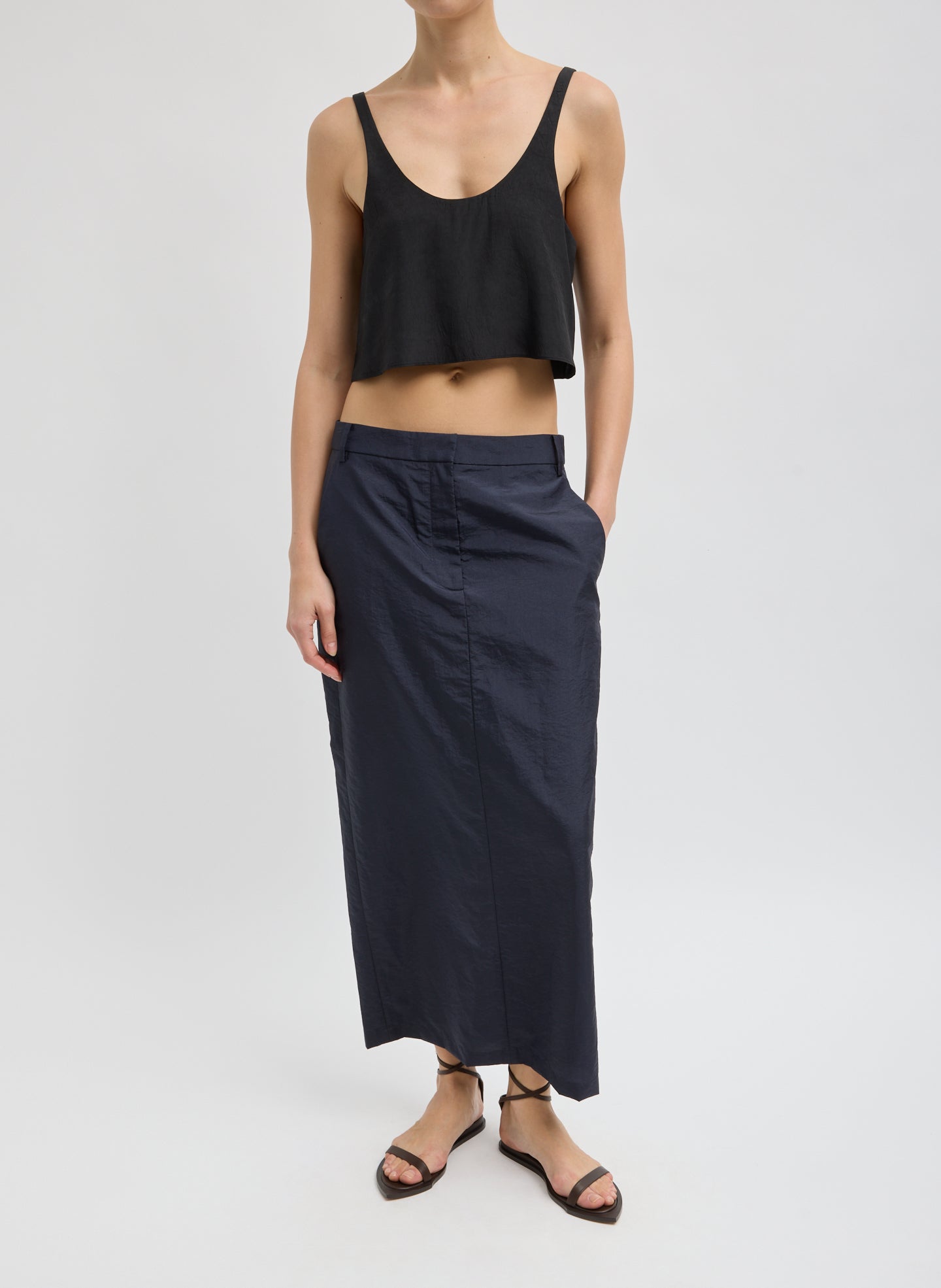 Crispy Nylon Maxi Skirt - Navy Crispy Nylon Maxi Skirt - trouser skirt, front view on model
