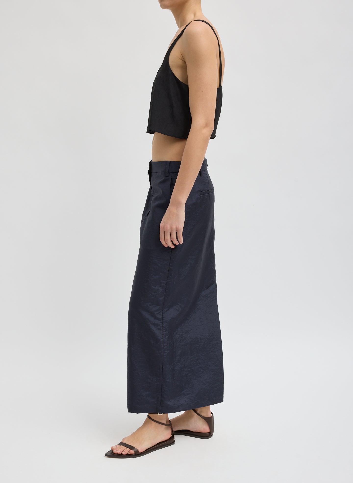 Navy Crispy Nylon Maxi Skirt - trouser skirt, side view on model