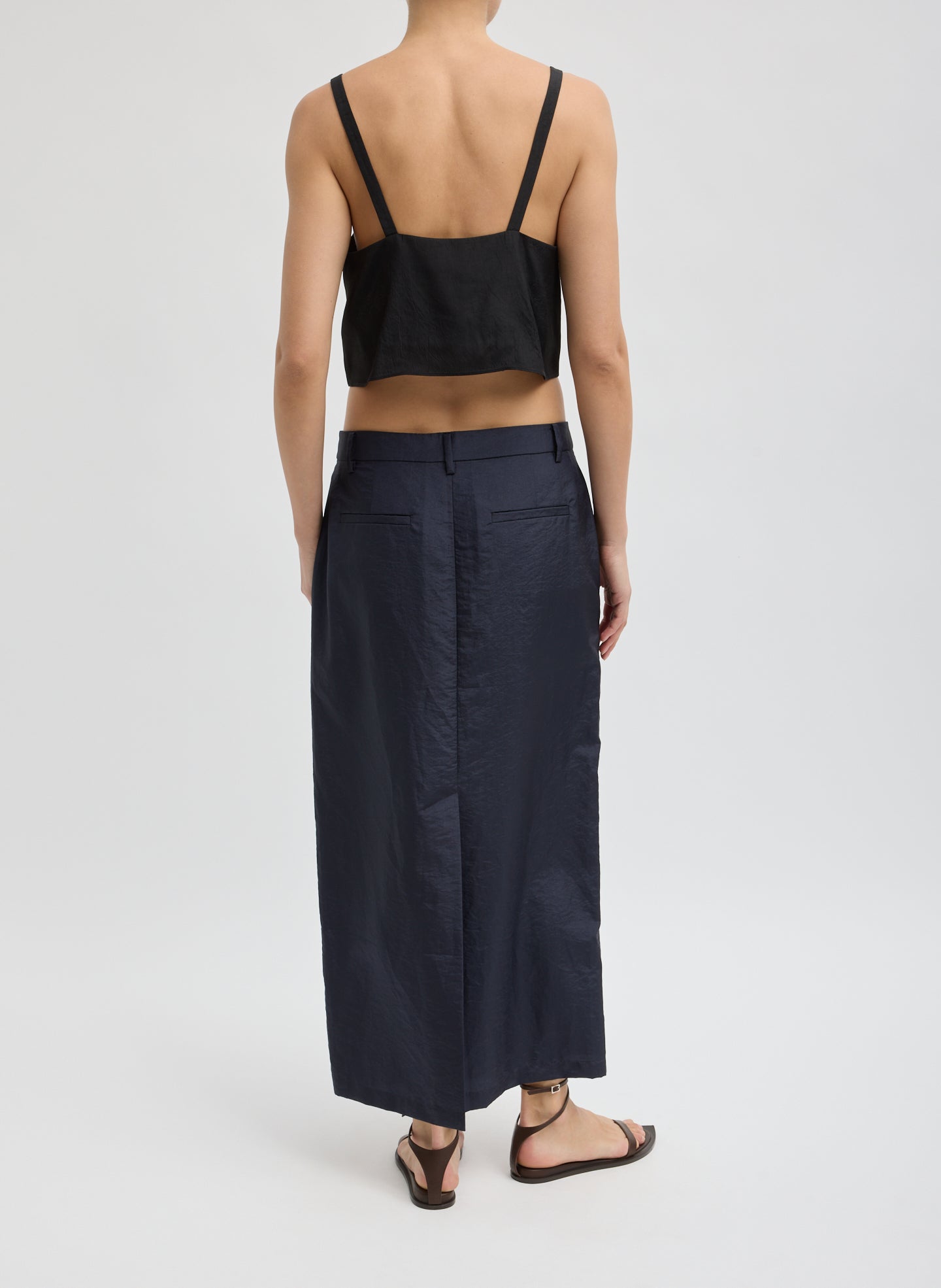 Navy Crispy Nylon Maxi Skirt - trouser skirt, back view on model