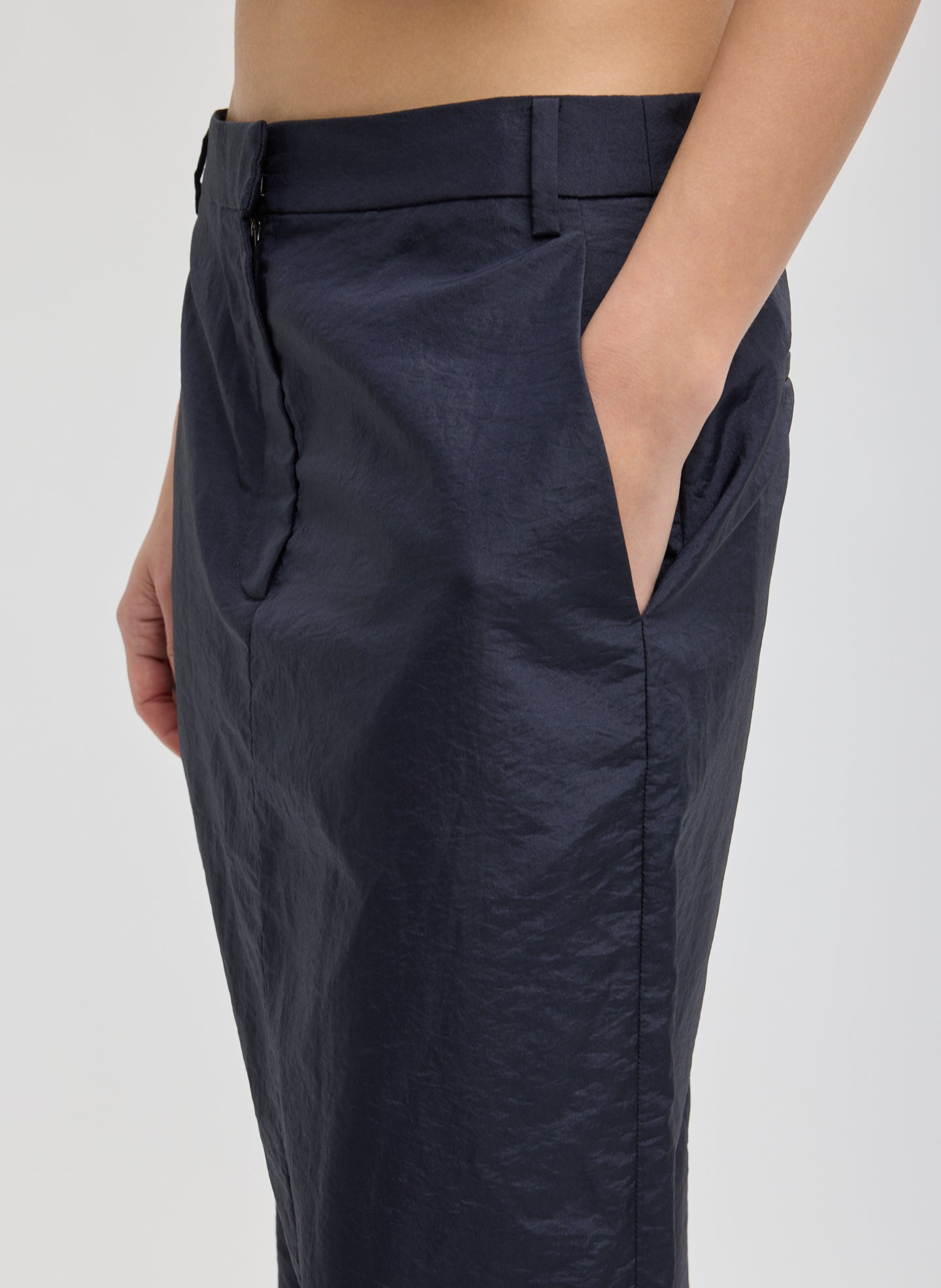 Navy Crispy Nylon Maxi Skirt - closeup of pocket detail