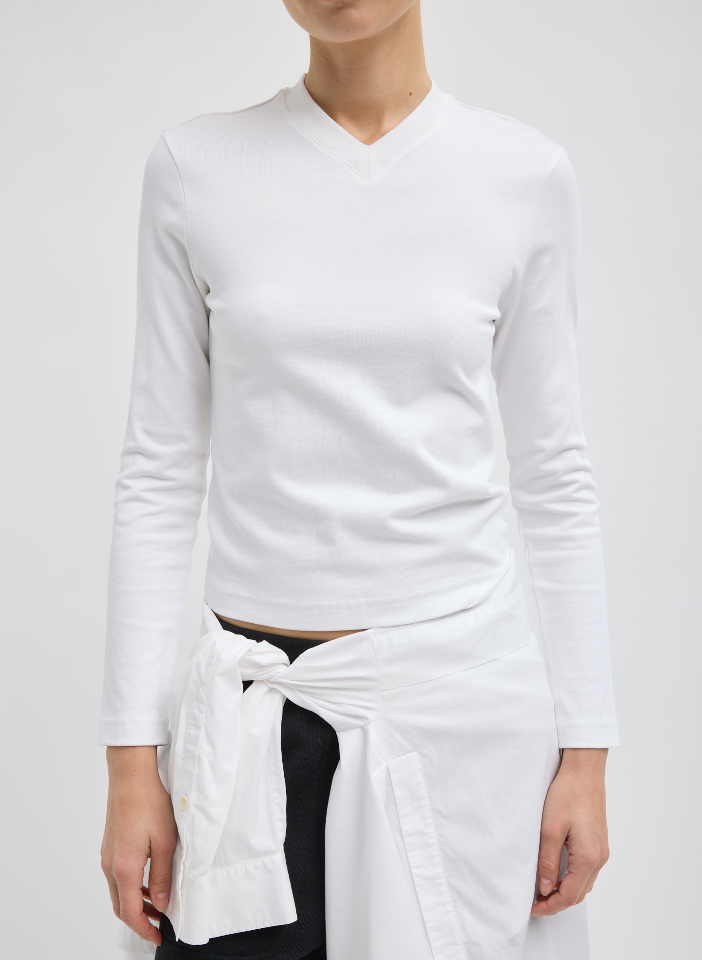 Perfect T-Shirt Shrunken V-Neck - White Perfect T-Shirt Shrunken V-Neck - long sleeve t-shirt, front view on model