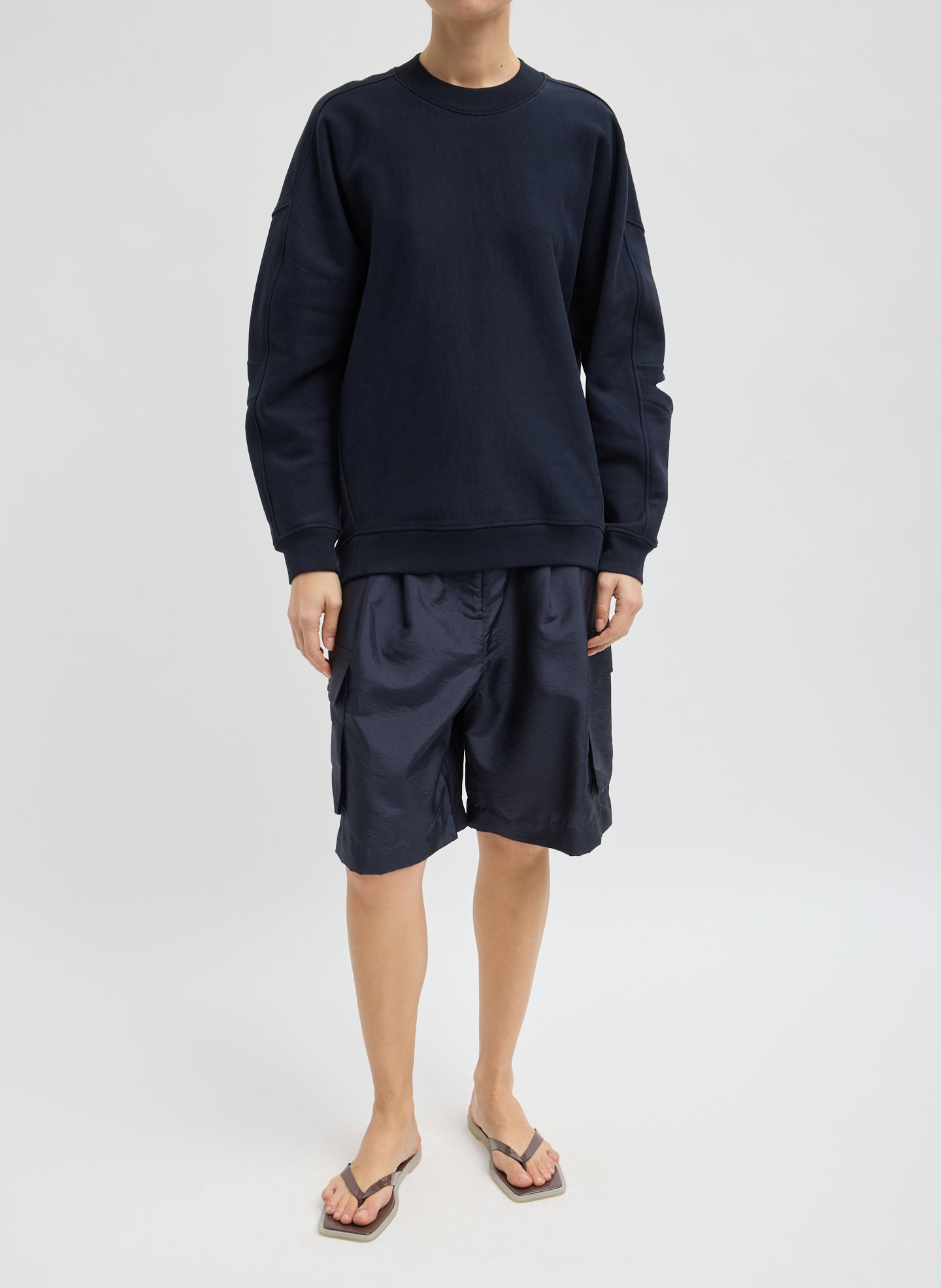 Navy Cocoon Crewneck Sweatshirt - full look, front view on model