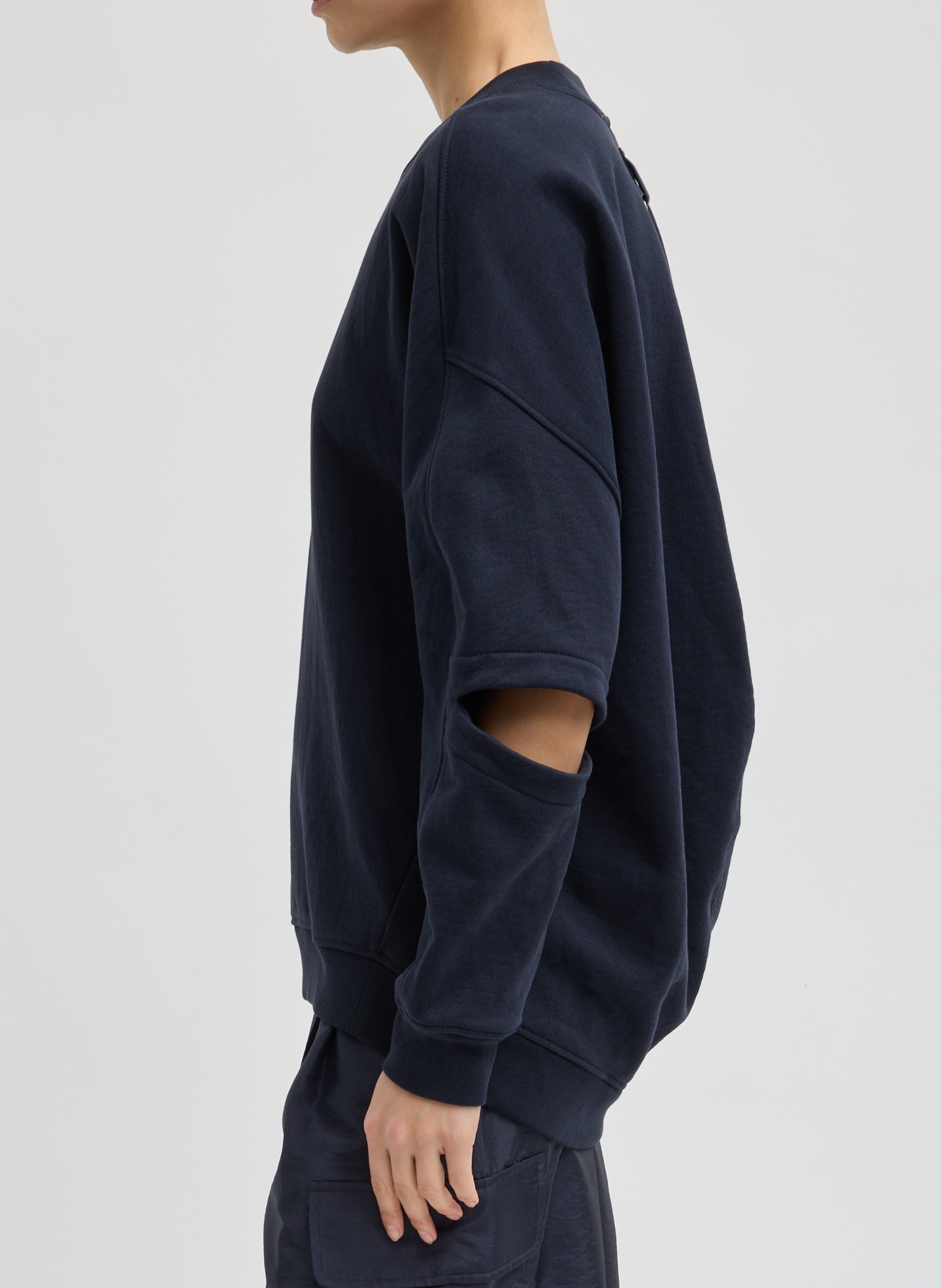 Navy Cocoon Crewneck Sweatshirt - side view on model