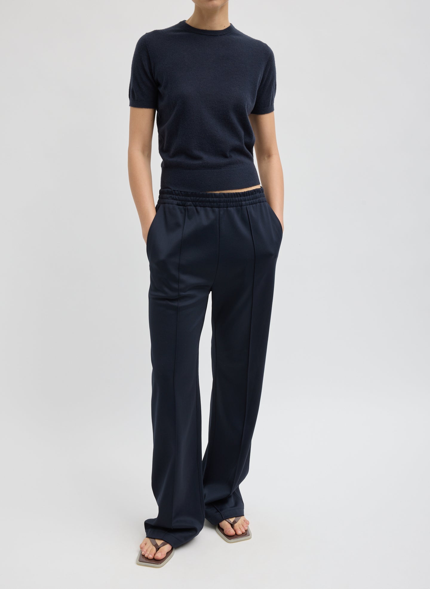 Skinlike Mercerized Wool Shrunken Tee - Navy Skinlike Mercerized Wool Shrunken Tee - sweater tee, front view on model