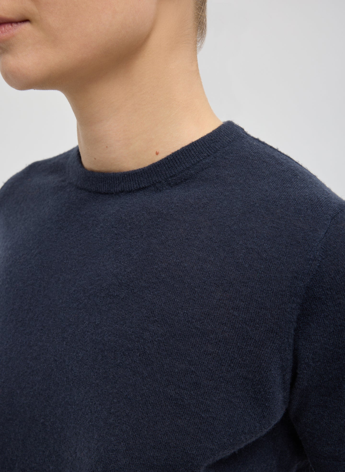 Navy Skinlike Mercerized Wool Shrunken Tee - closeup of neckline