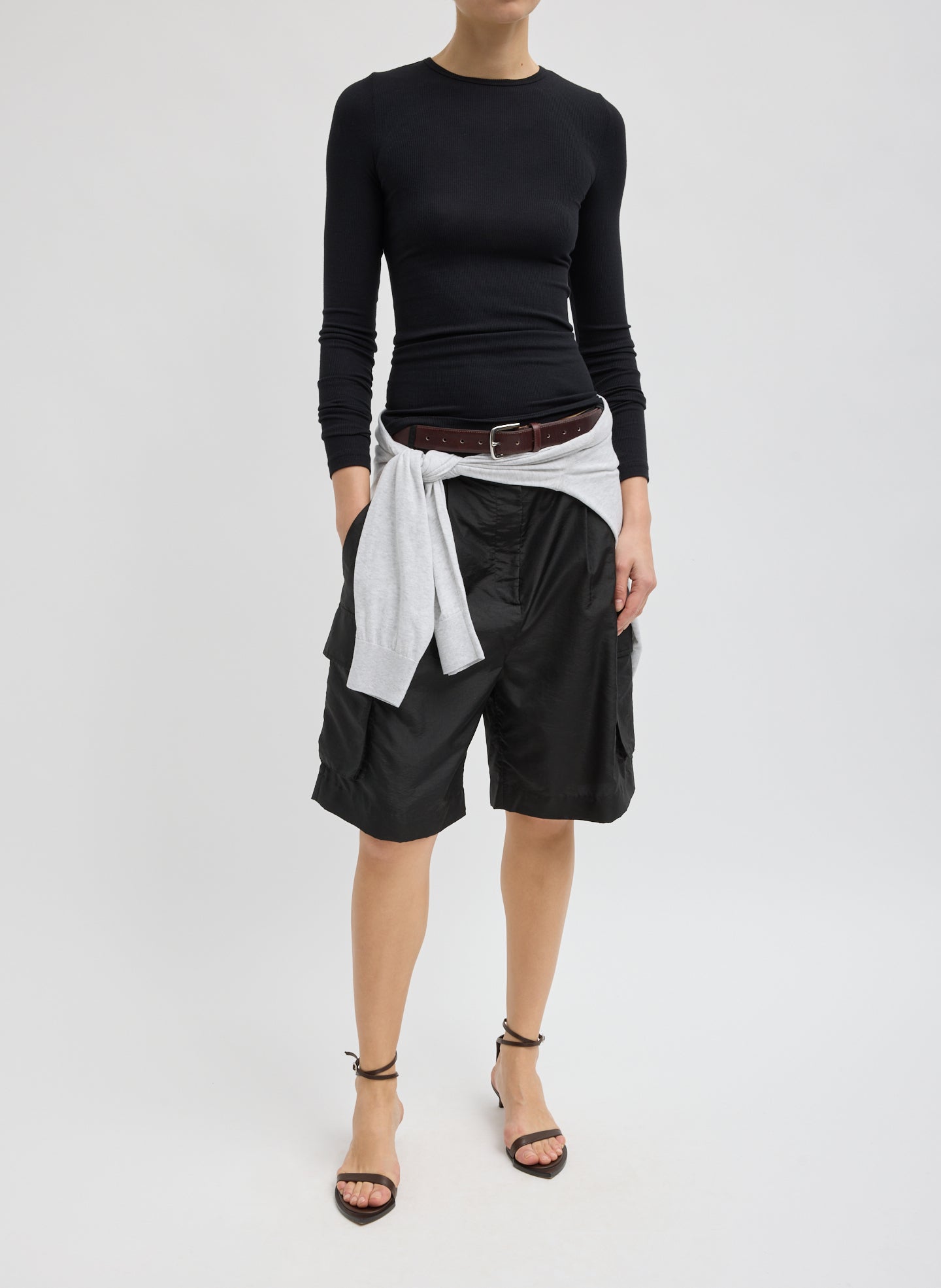 Black Circular Ribbed Crewneck Pullover T-Shirt - full look, front view on model