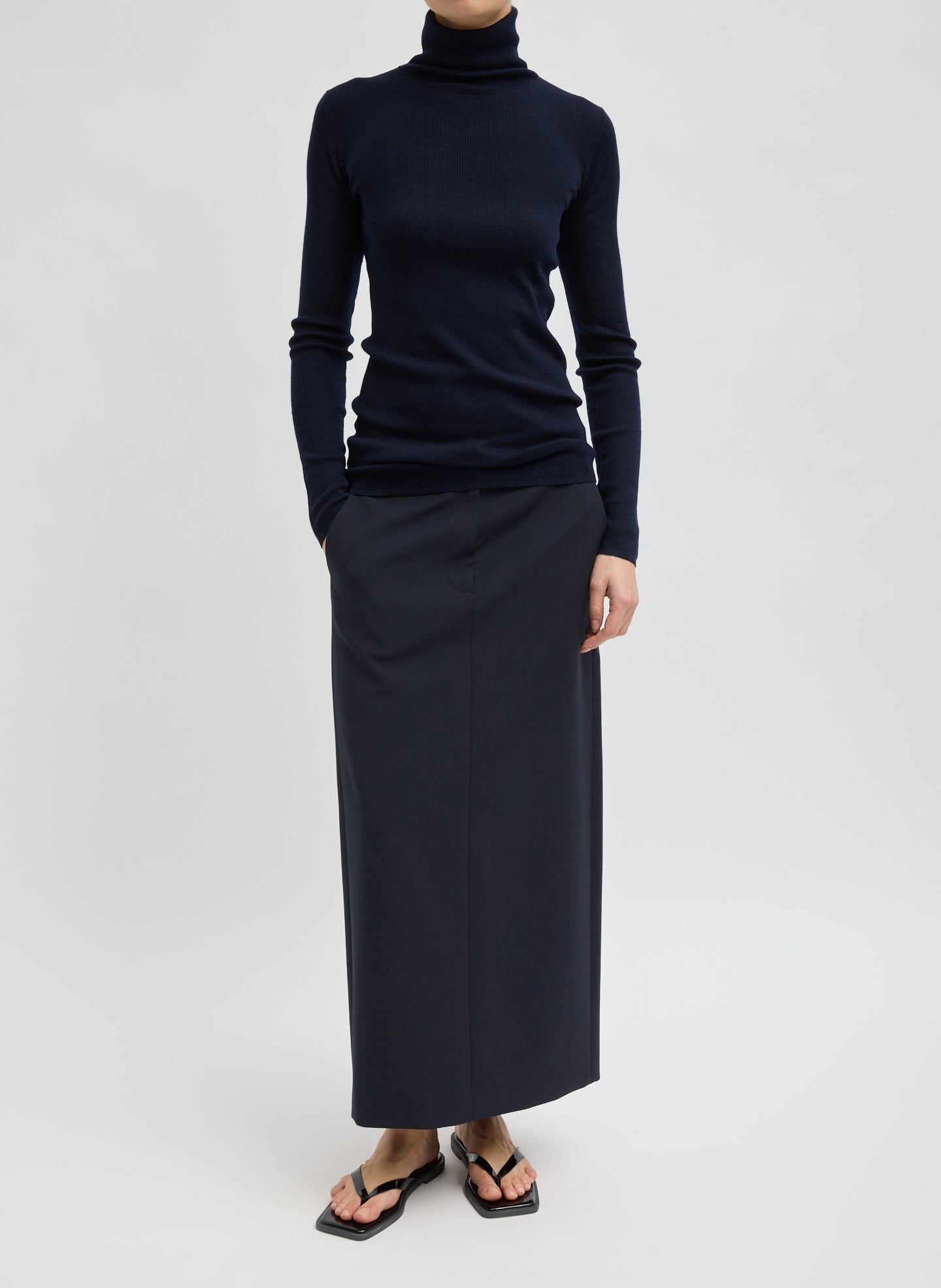 Tropical Wool Maxi Trouser Skirt - Navy Tropical Wool Maxi Trouser Skirt - front view on model