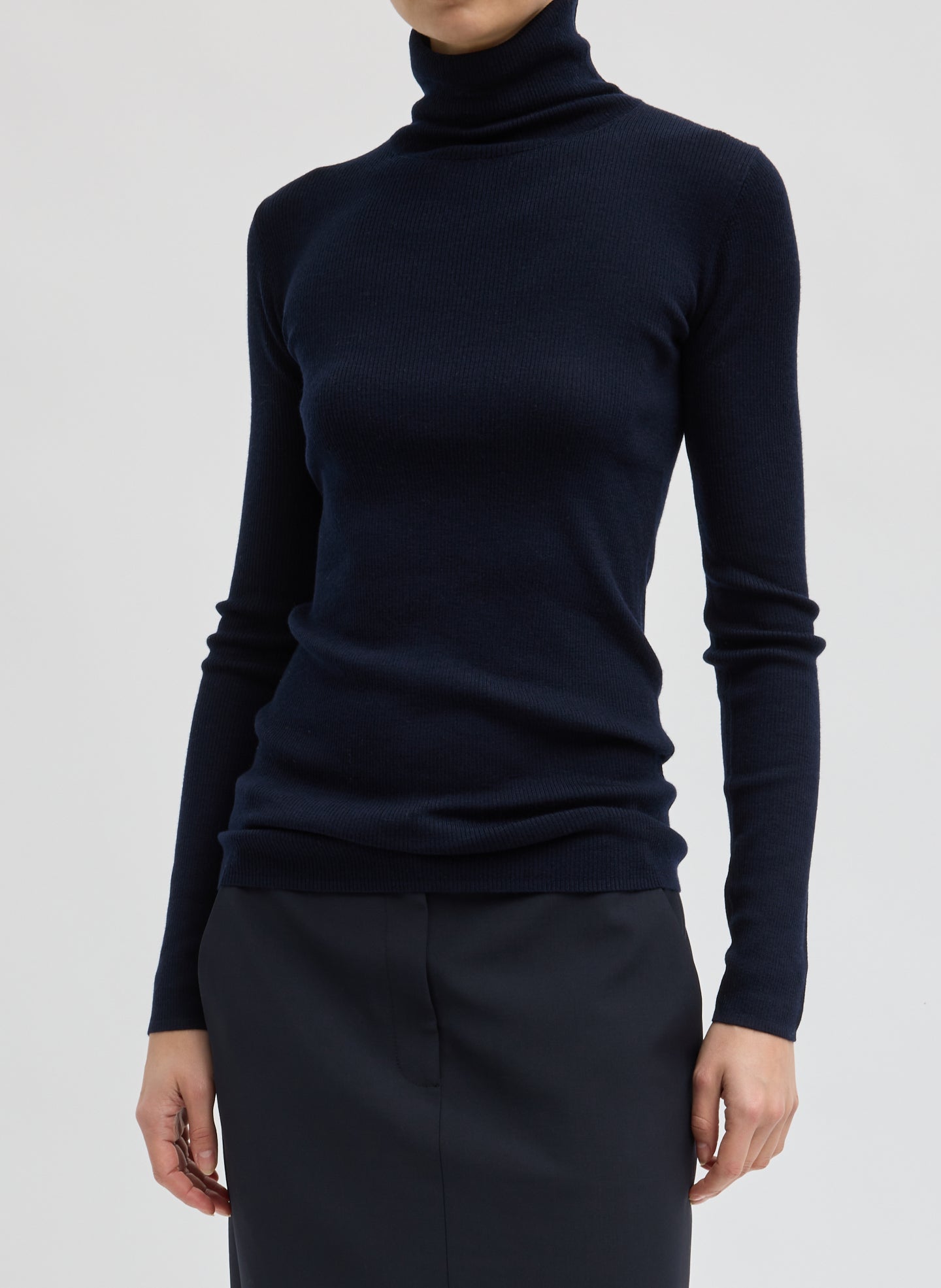 Featherweight Ribbed Sweater Turtleneck Pullover - Navy Featherweight Ribbed Sweater Turtleneck Pullover - front view on model