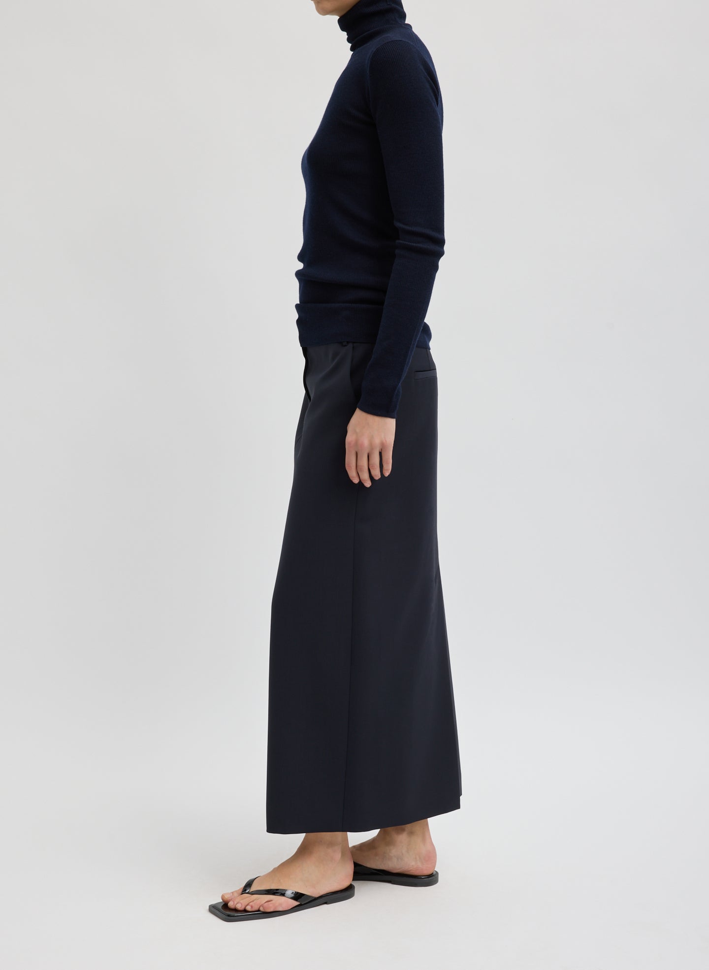 Navy Tropical Wool Maxi Trouser Skirt - side view on model