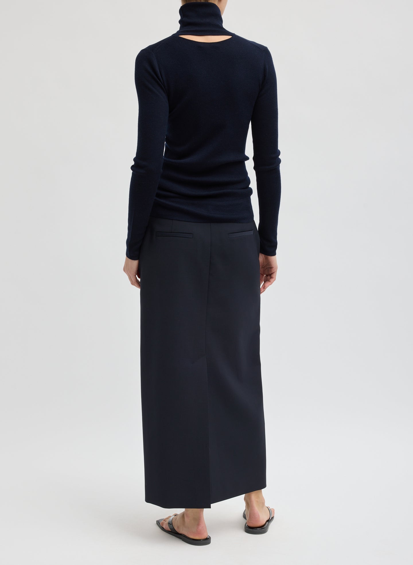 Navy Tropical Wool Maxi Trouser Skirt - back view on model