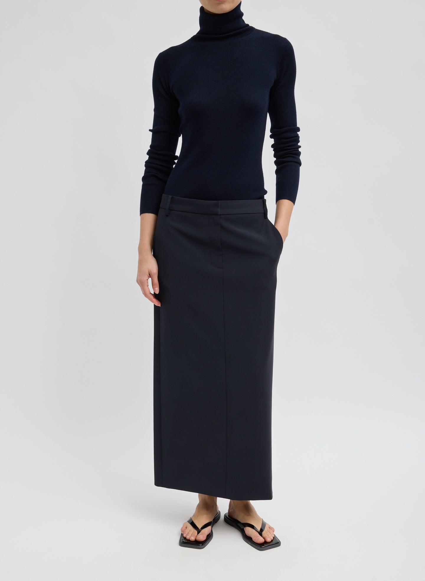 Navy Tropical Wool Maxi Trouser Skirt - front view on model
