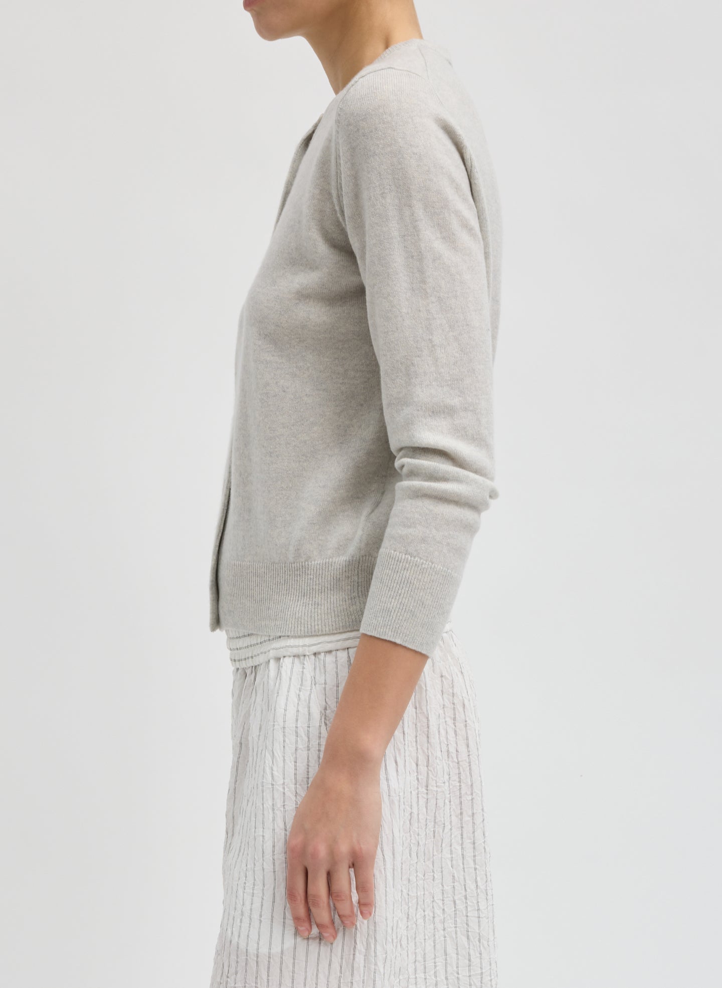 Light Heather Grey Washable Cashmere Shrunken Cardigan - side view on model
