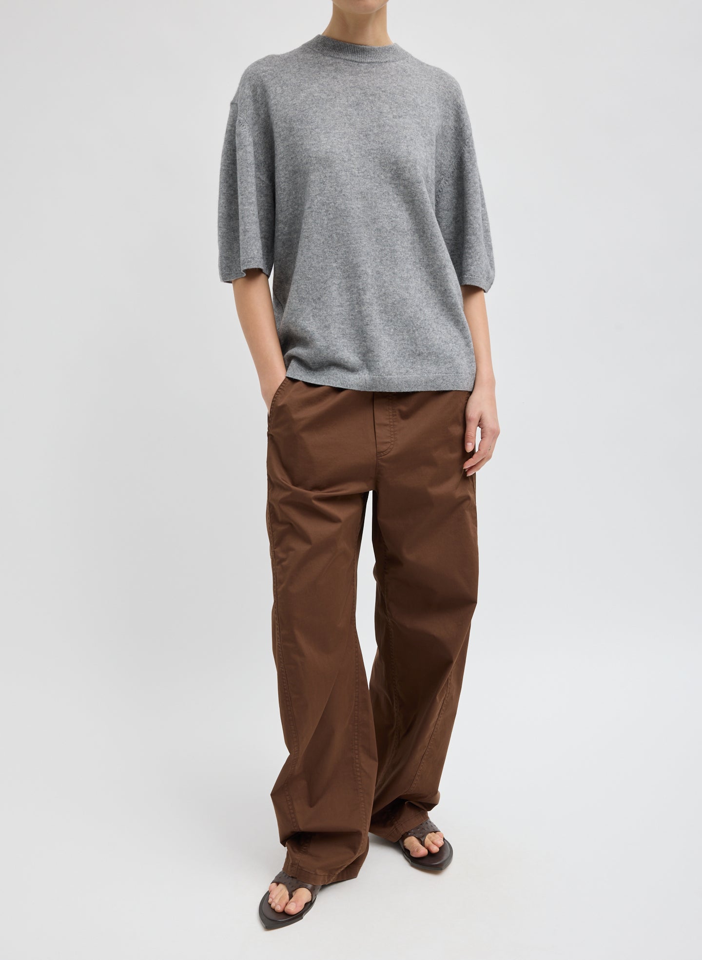 Grey Washable Cashmere Oversized Easy T-Shirt - full look, front view on model