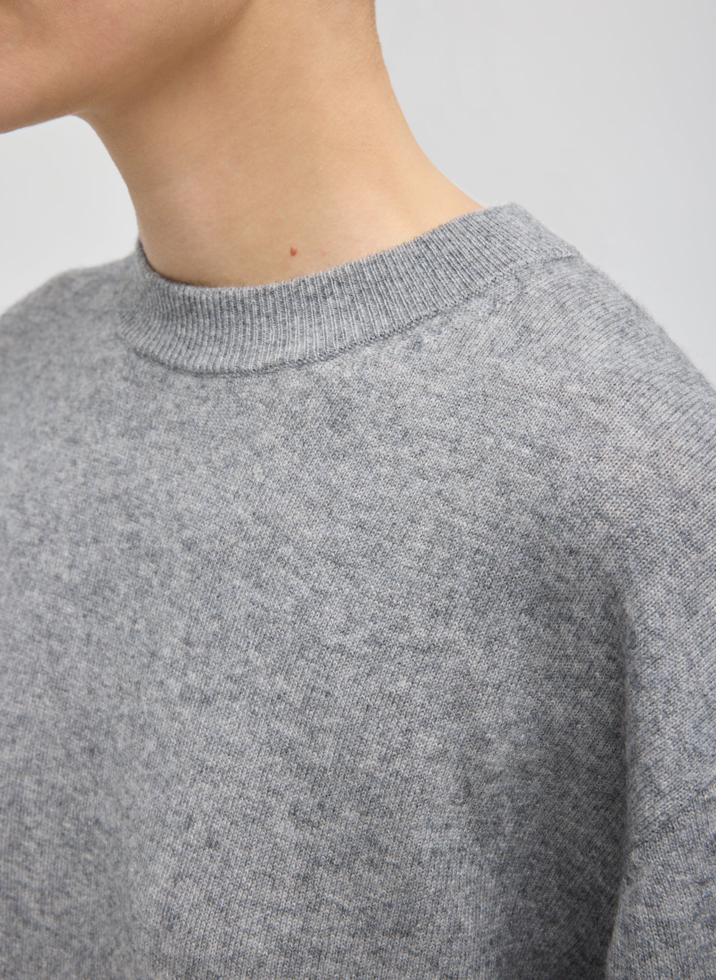 Grey Washable Cashmere Oversized Easy T-Shirt - closeup of neckline