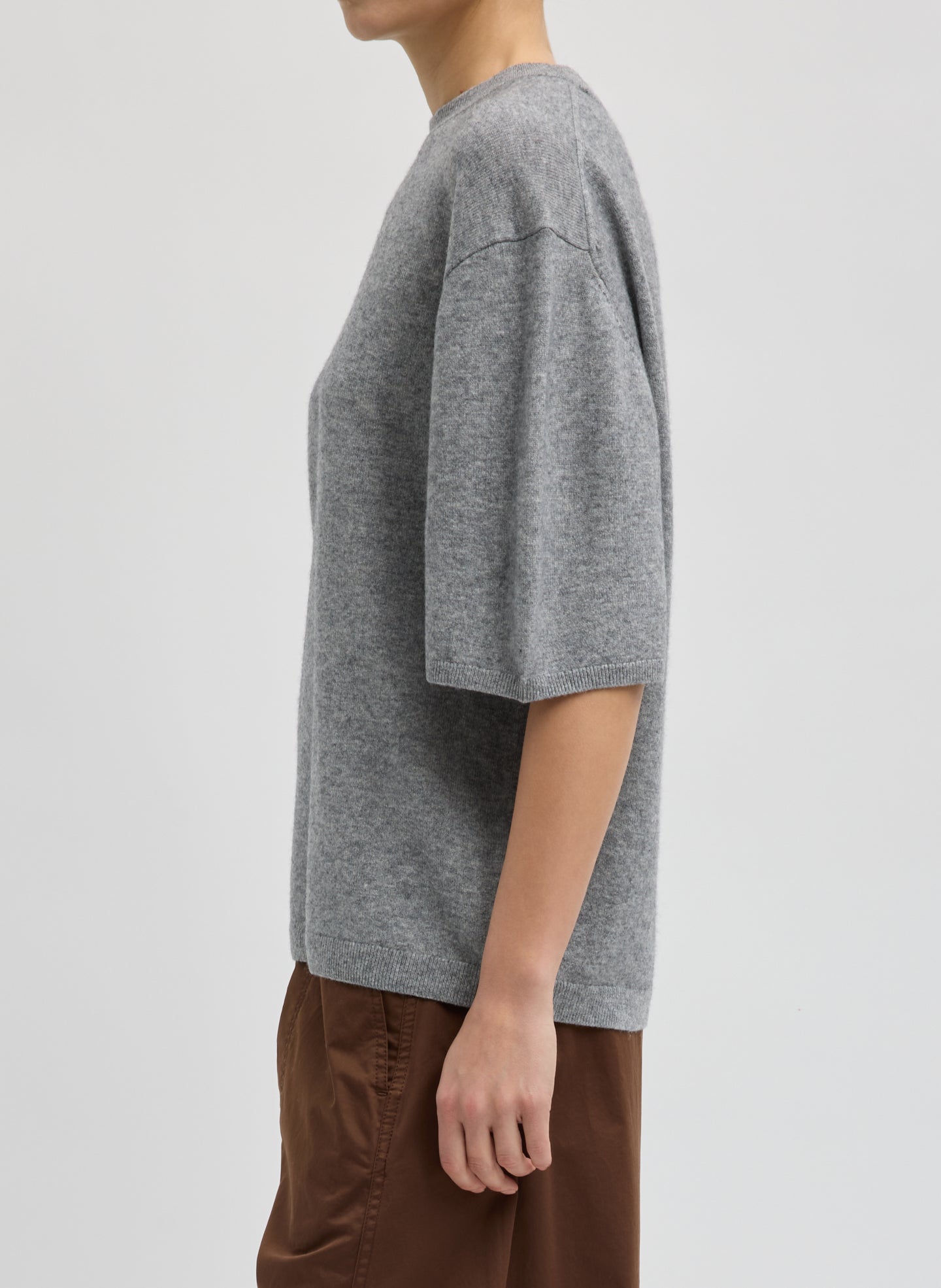 Grey Washable Cashmere Oversized Easy T-Shirt - side view on model