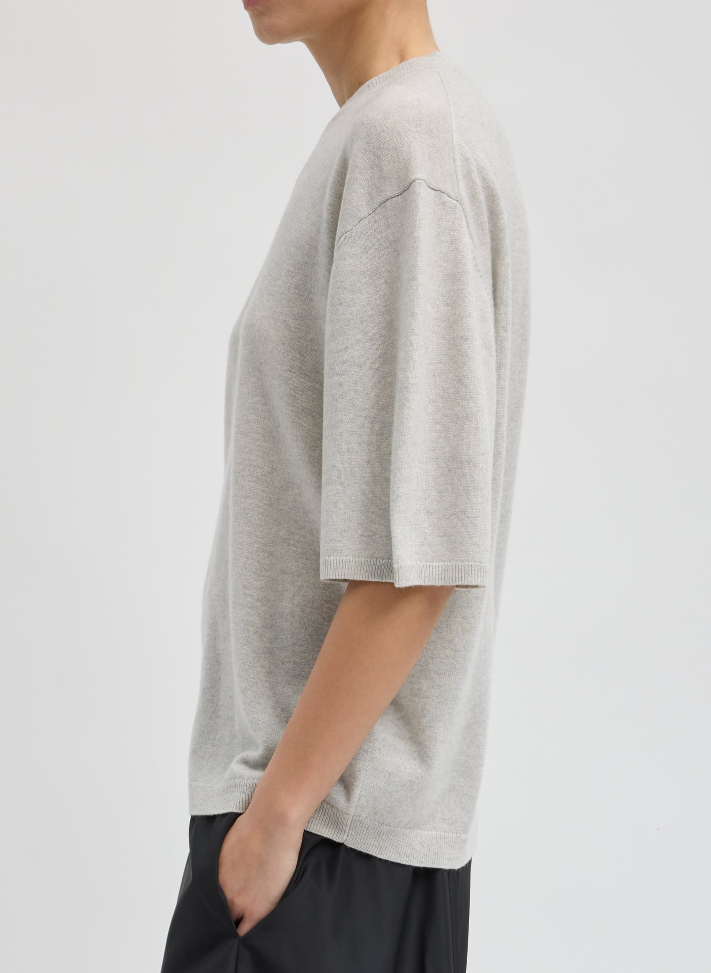 Light Grey Washable Cashmere Oversized Easy T-Shirt - side view on model
