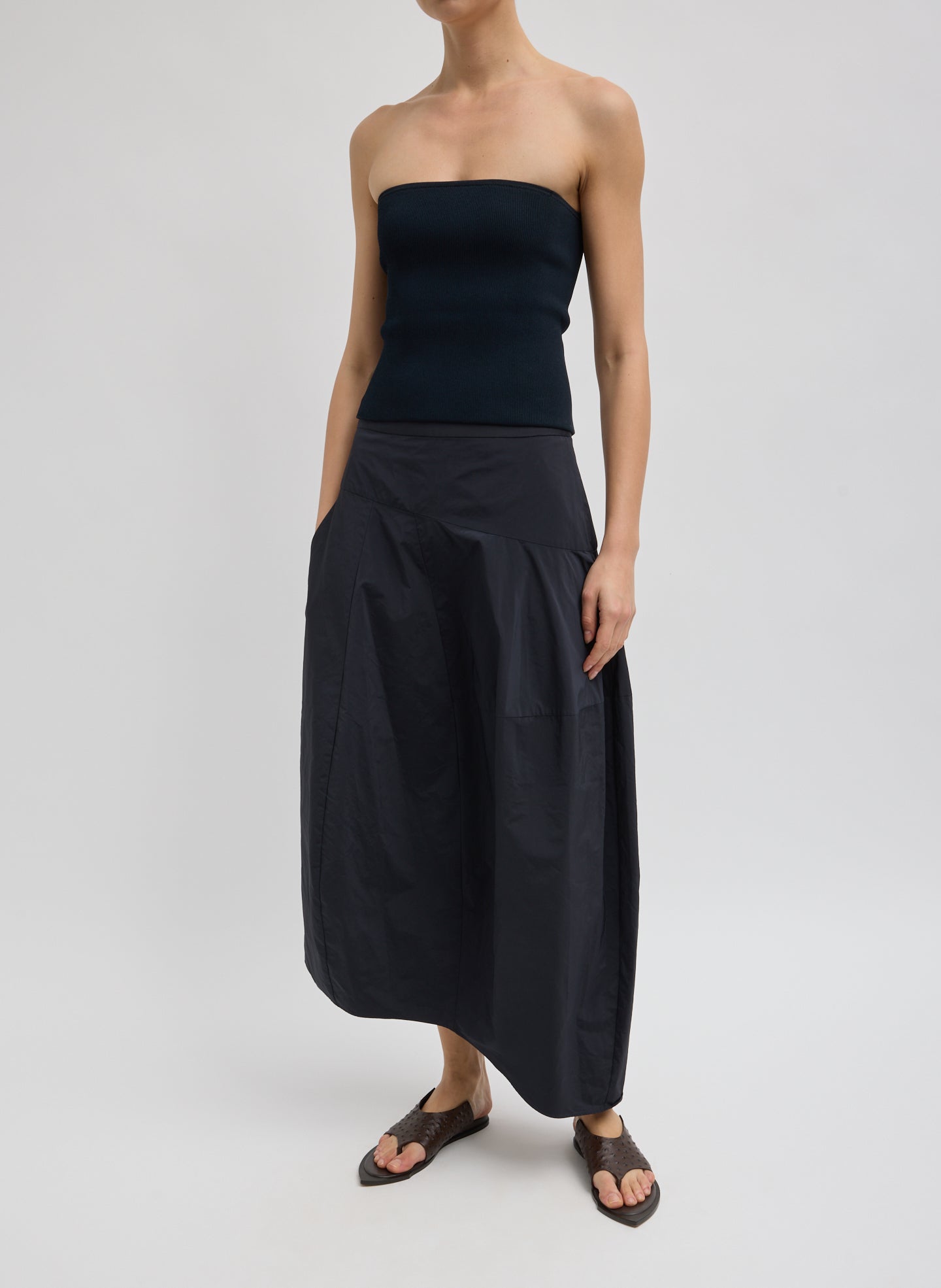 Nylon Asymmetrical Balloon Skirt - Navy Nylon Asymmetrical Balloon Skirt - full look, front view on model