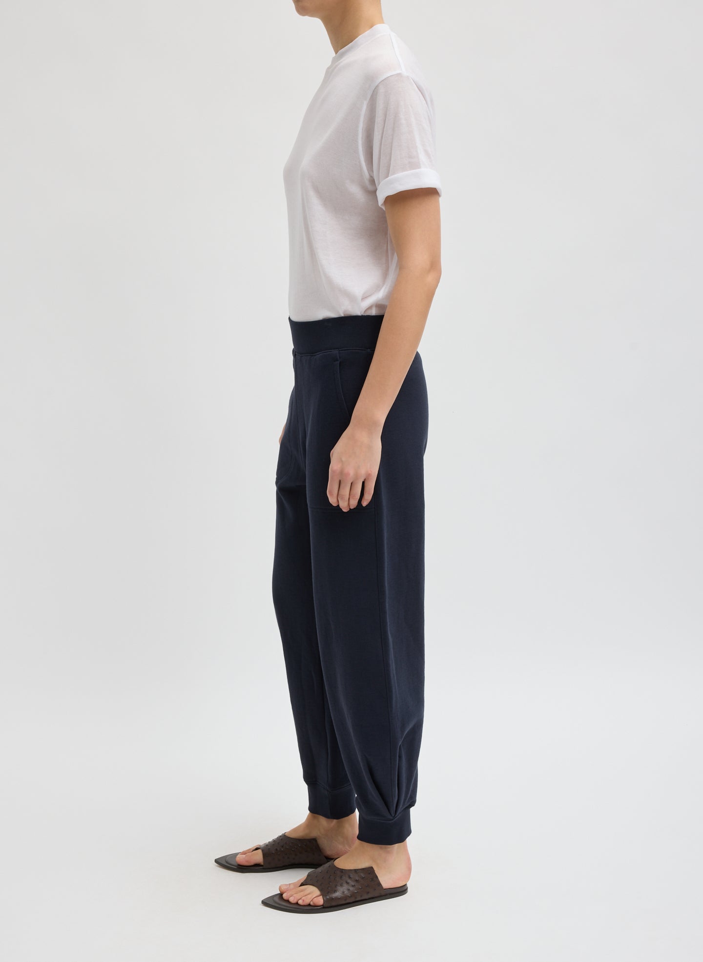 Navy Calder Sweatpant - barrel leg sweatpant, side view on model