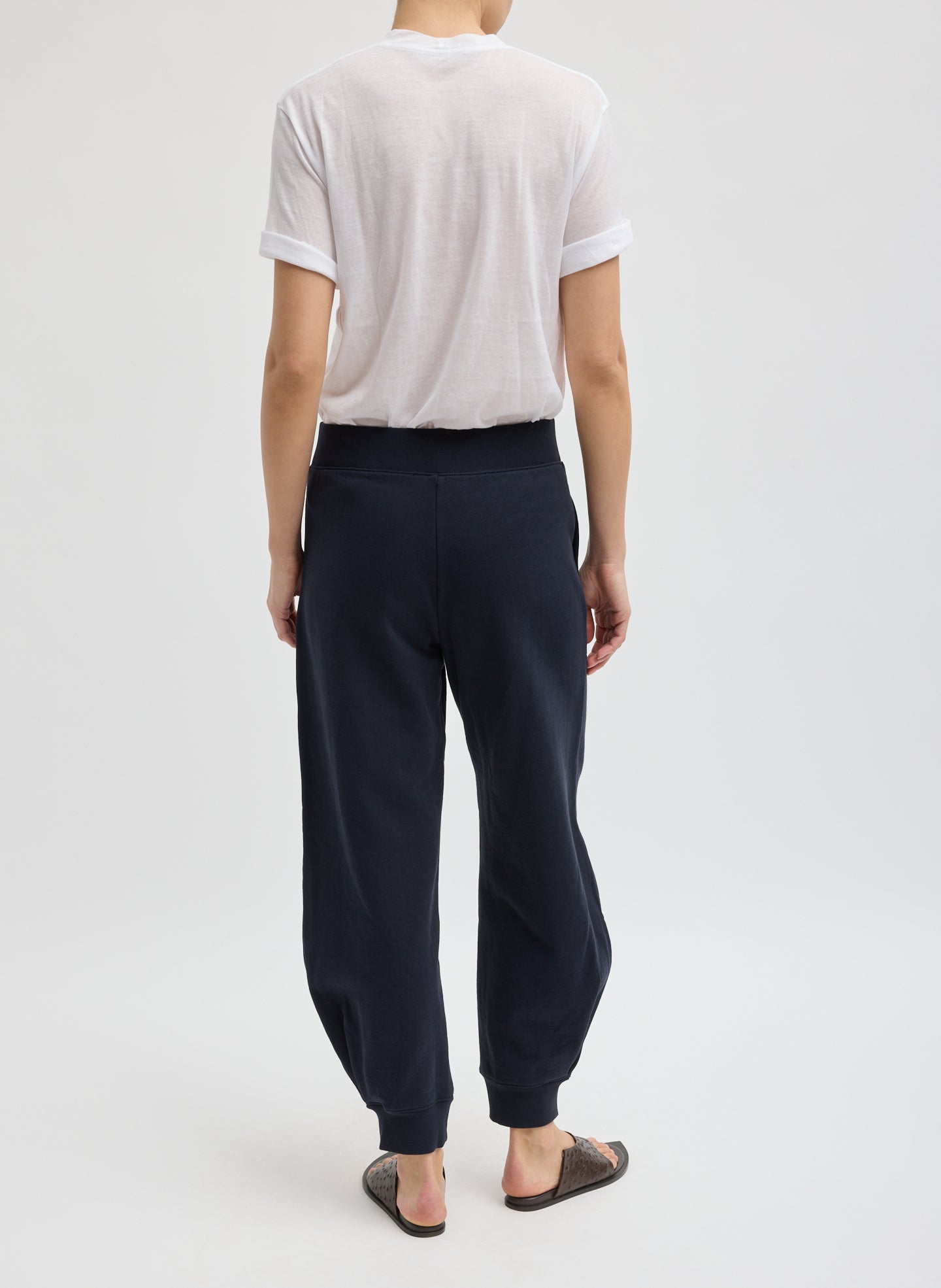 Navy Calder Sweatpant - barrel leg sweatpant, back view on model