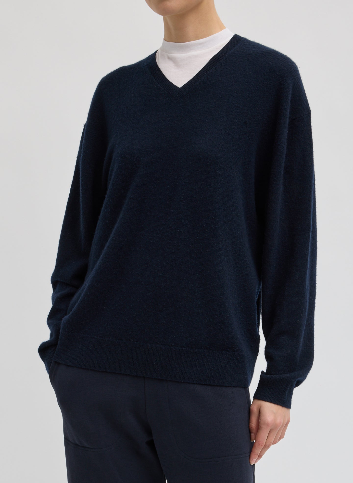 Navy Washable Cashmere Easy V-Neck Sweater - front view on model
