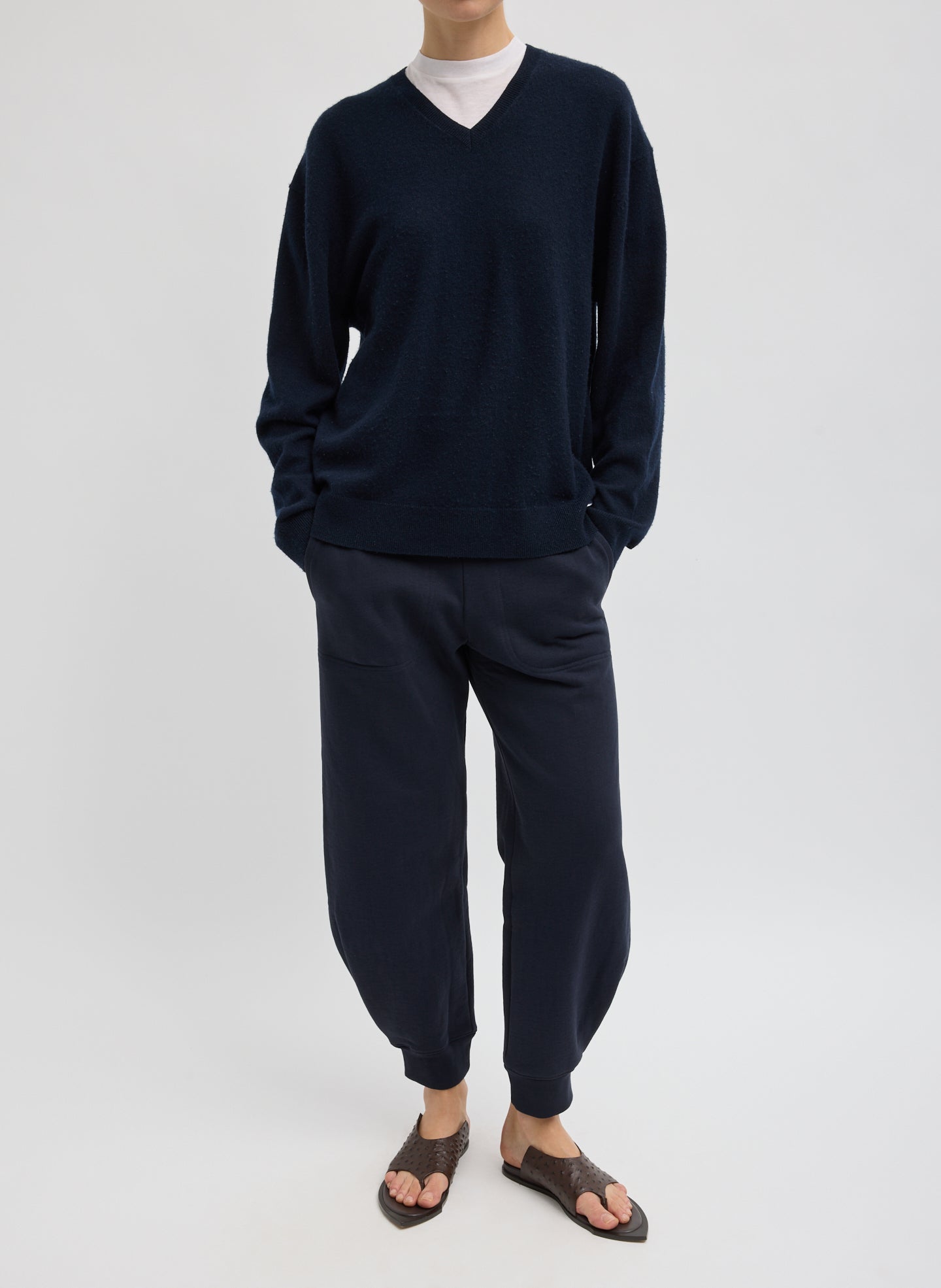 Navy Washable Cashmere Easy V-Neck Sweater - full look, front view on model