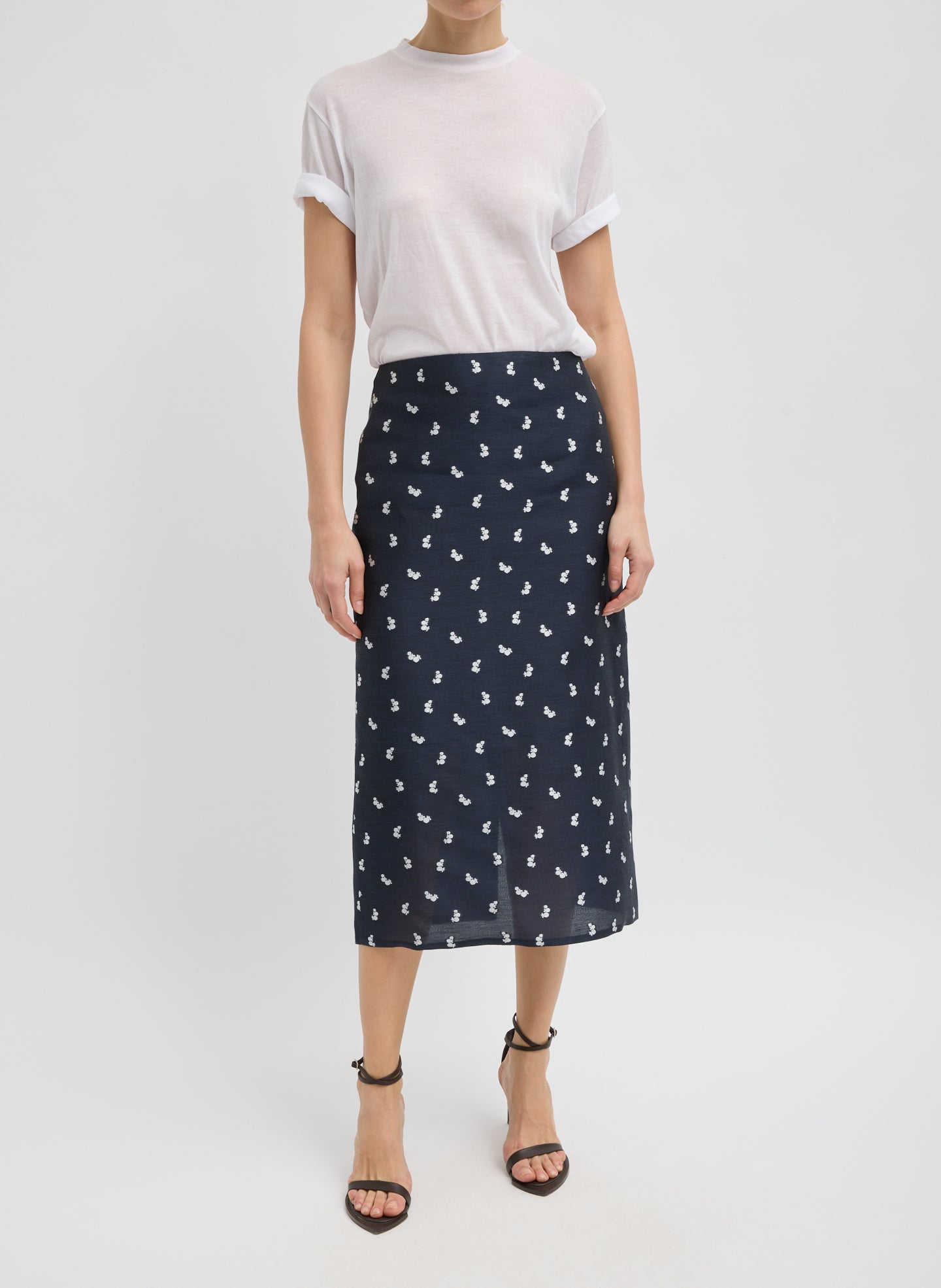 Navy Silk Gazar Jacquard Pencil Skirt - printed midi skirt, front view on model