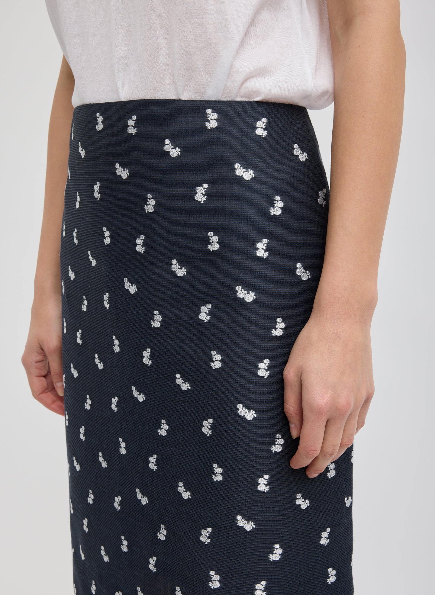 Navy Silk Gazar Jacquard Pencil Skirt - closeup of print
