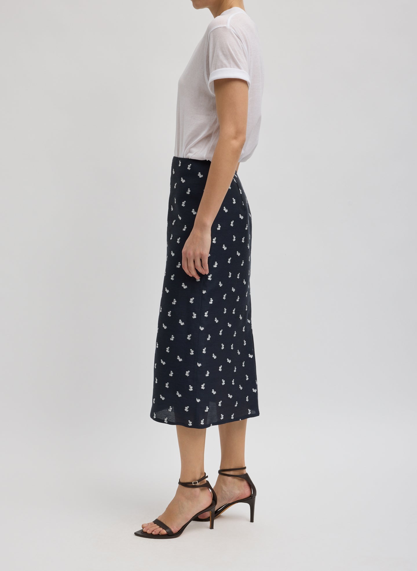 Navy Silk Gazar Jacquard Pencil Skirt - printed midi skirt, side view on model